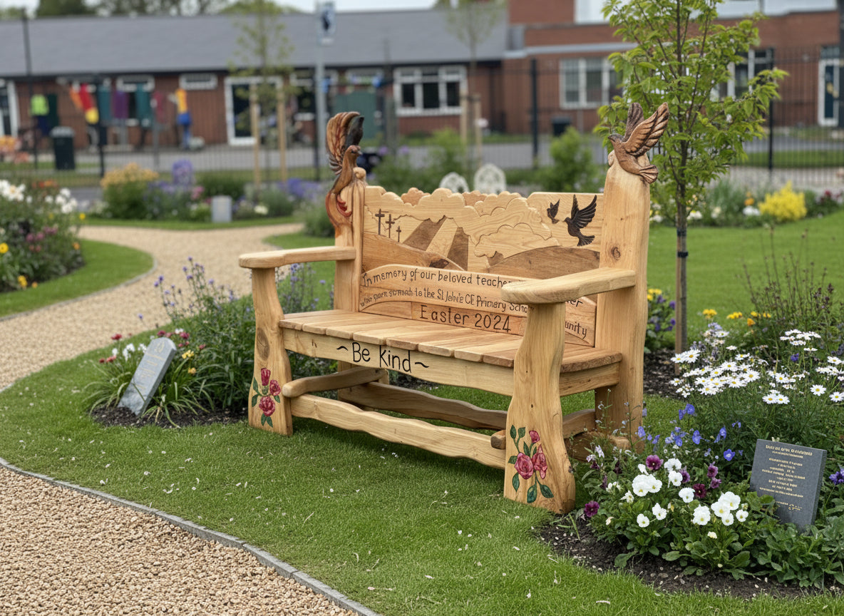 carved oak memorial bench with phoenix and doves in memorial garden