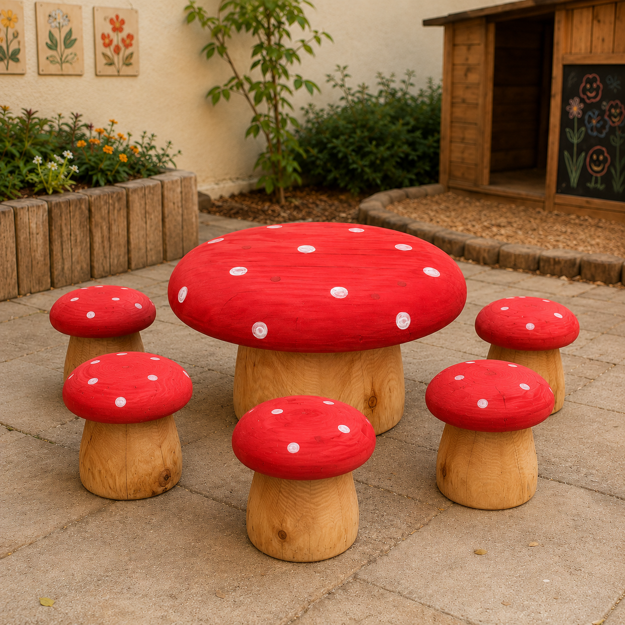 Mushroom table and stools set in Douglas fir — a complete woodland storytelling corner for classrooms, school grounds and home gardens