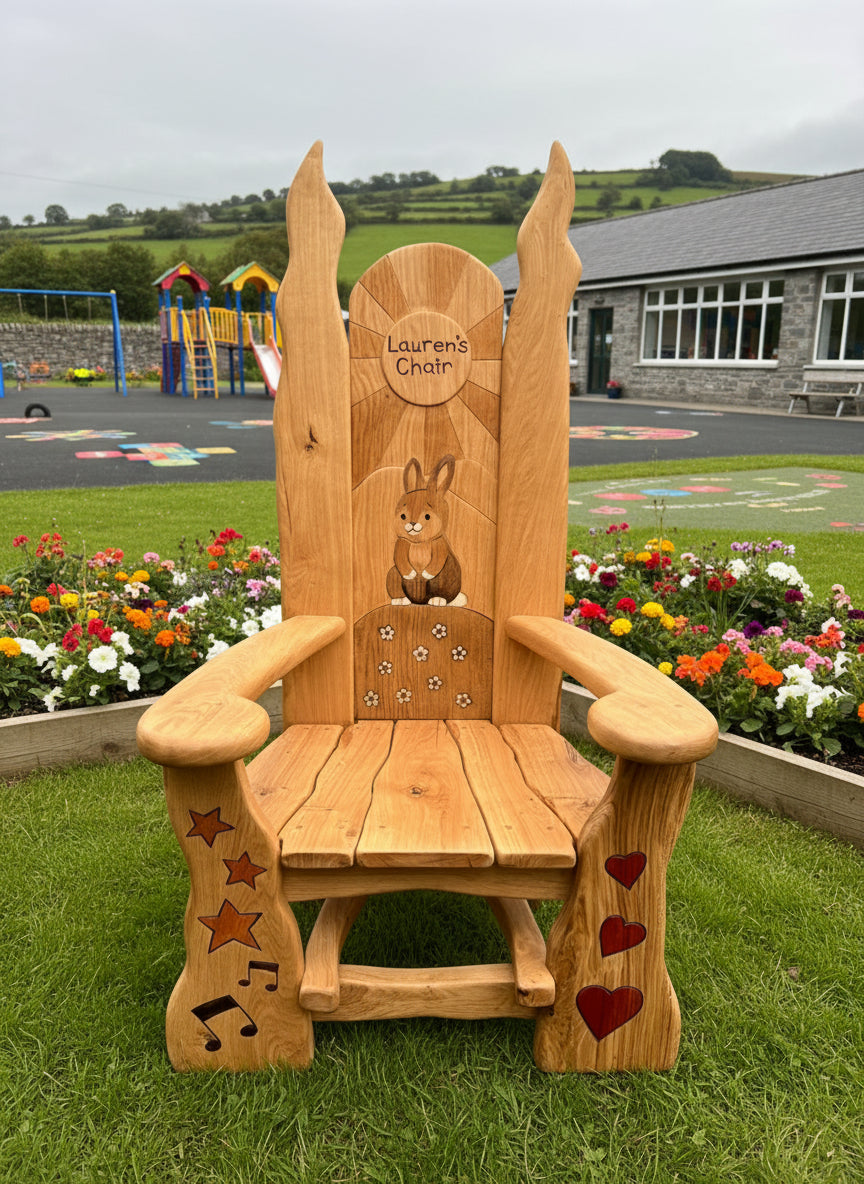 Wooden children's chair with rabbit illustration and 'Lauren's Chair' engraving in a natural outdoor setting.