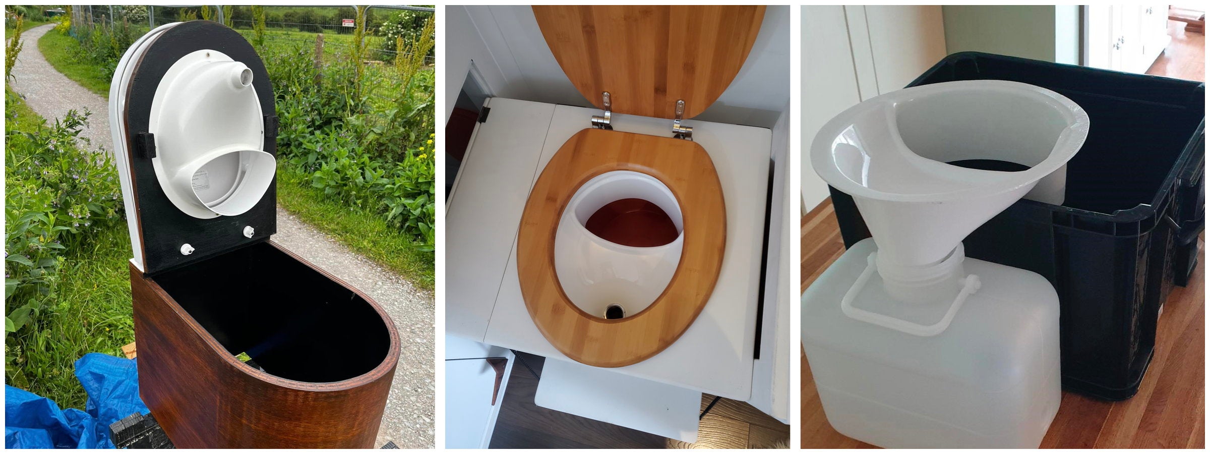 User photos of urine separators in DIY waterless toilets.