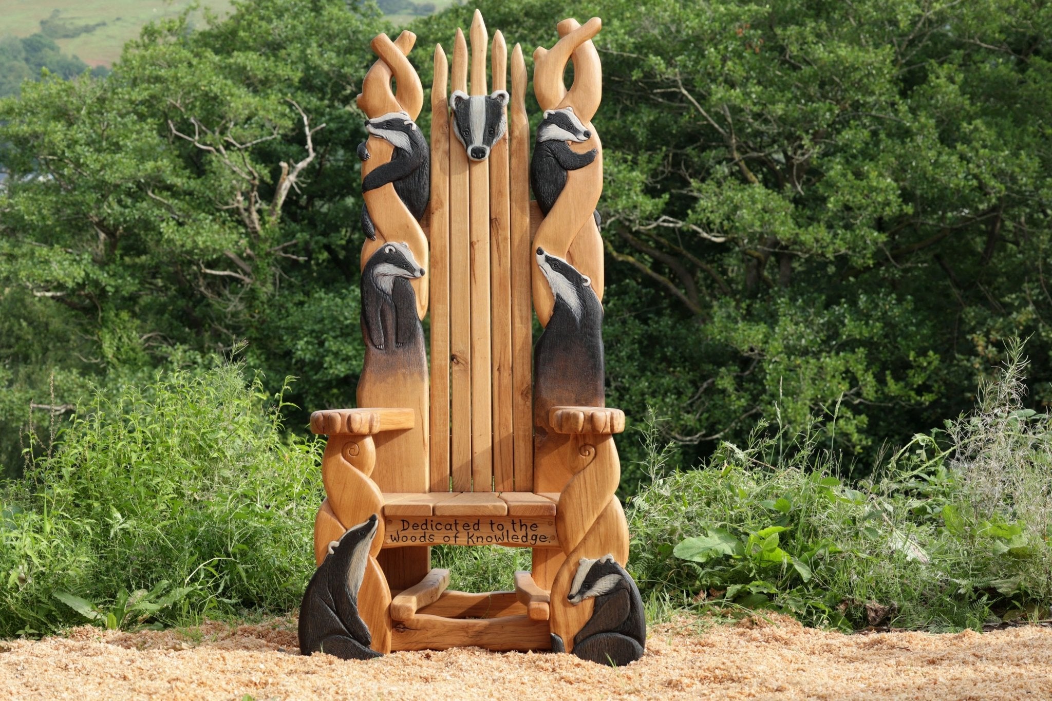 Wooden throne chair with badger carvings in a natural setting