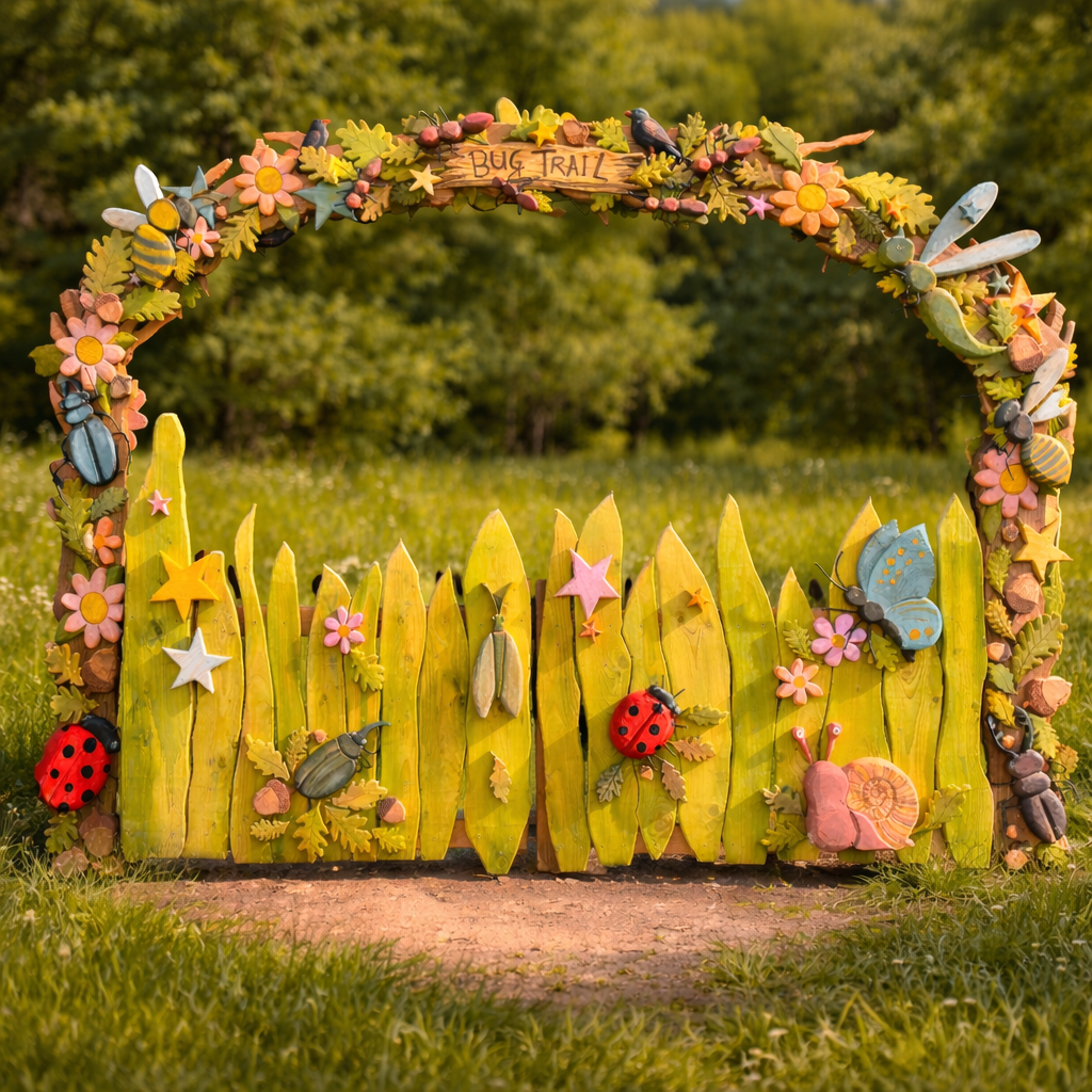 Decorative garden arch with flowers, insects, and a 'Bug Trail' sign in a natural setting.