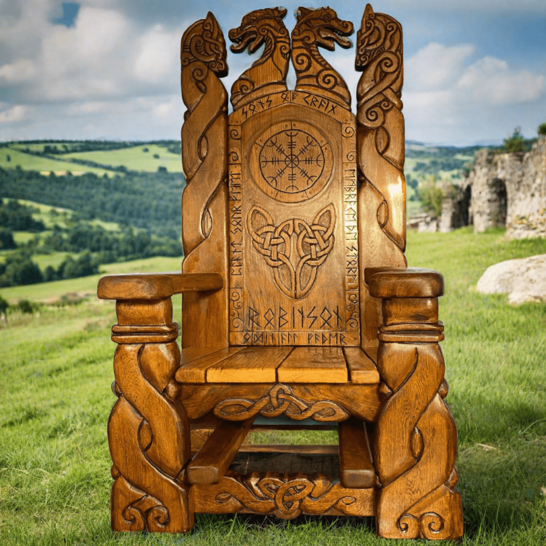 Celtic Knotwork Viking Throne Chair on grassy hill