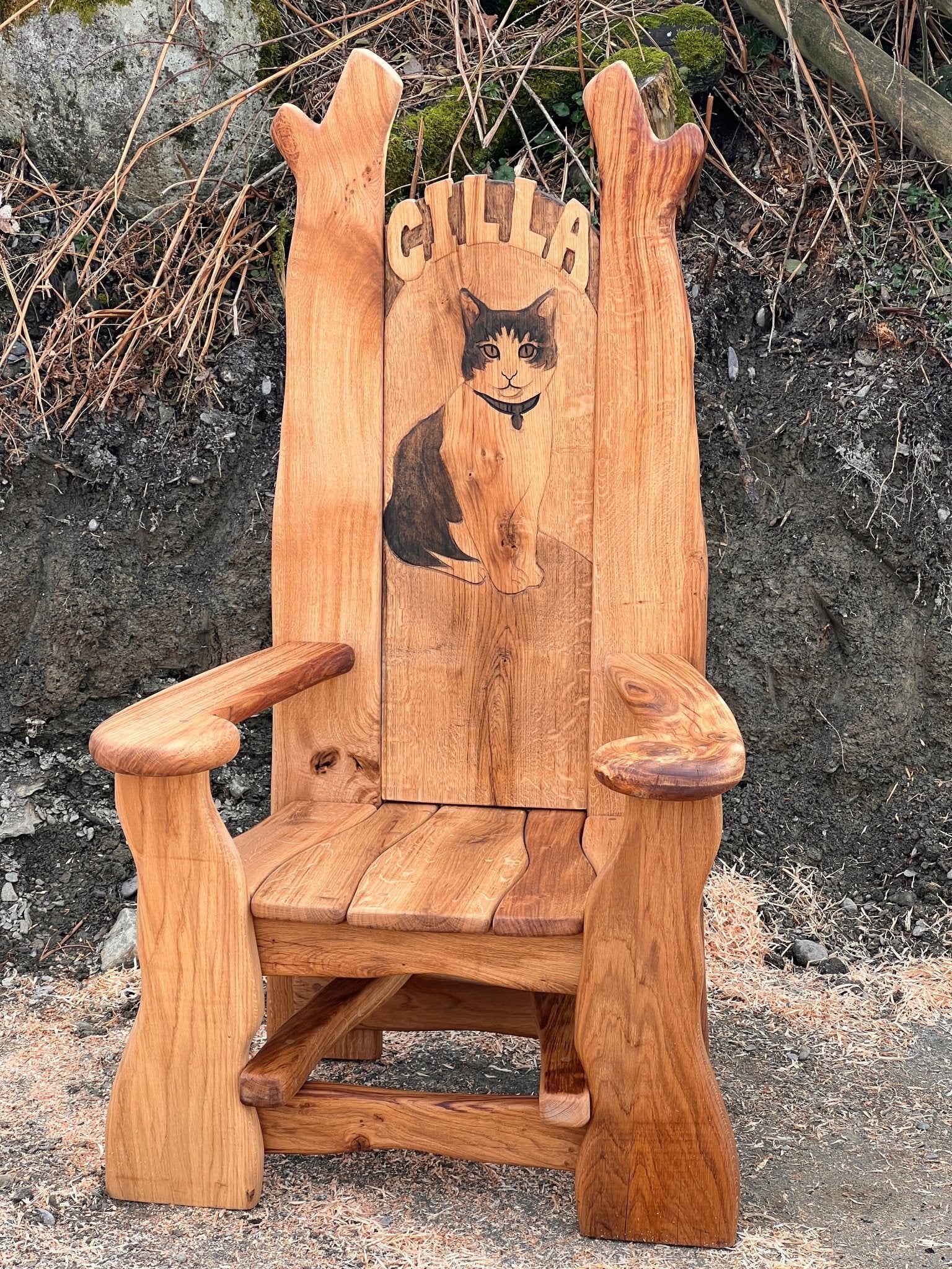 Wooden memorial storytelling chair with personalised engraving and painted artwork