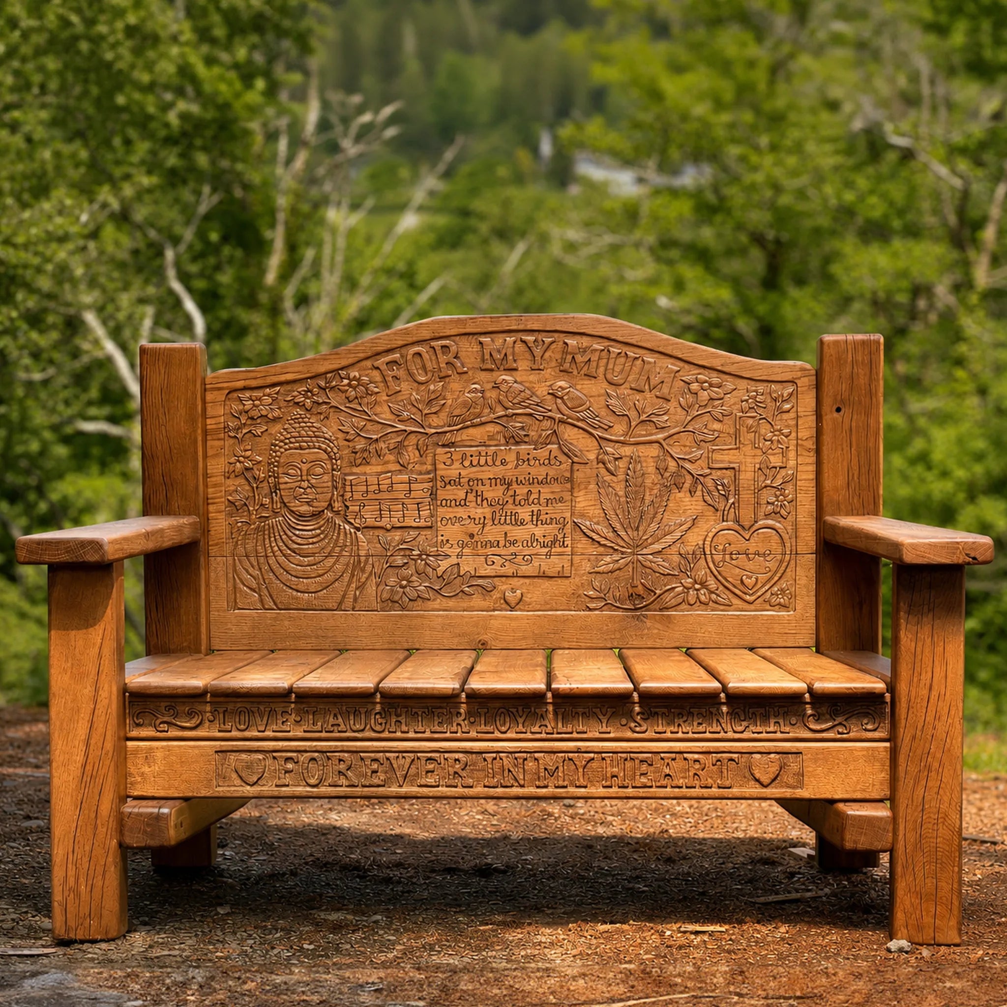 Hand-carved smoked oak memorial bench For My Mum, full front view in a garden setting
