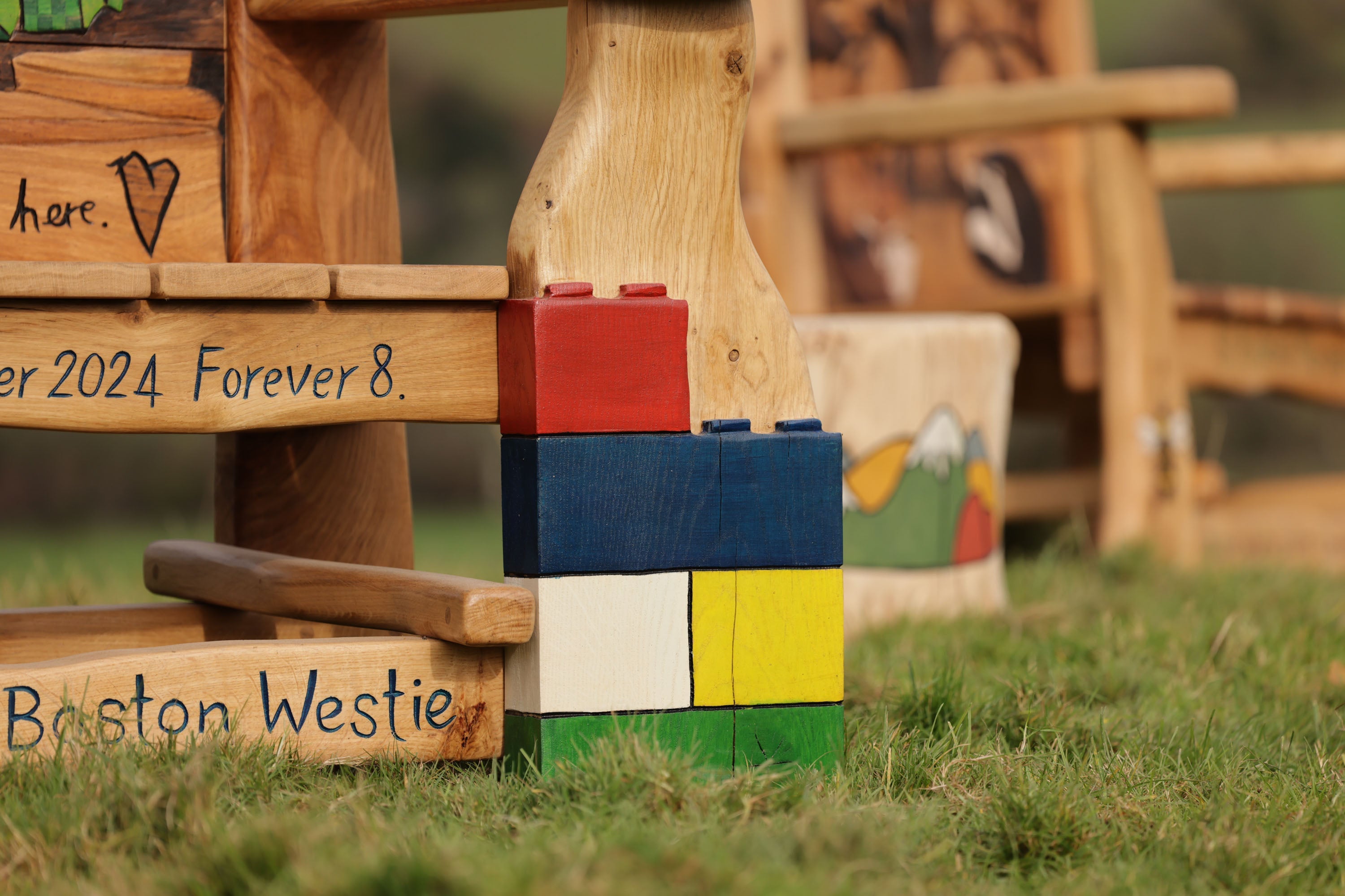 Wooden blocks on memorial bench with colorful building blocks on a grassy field