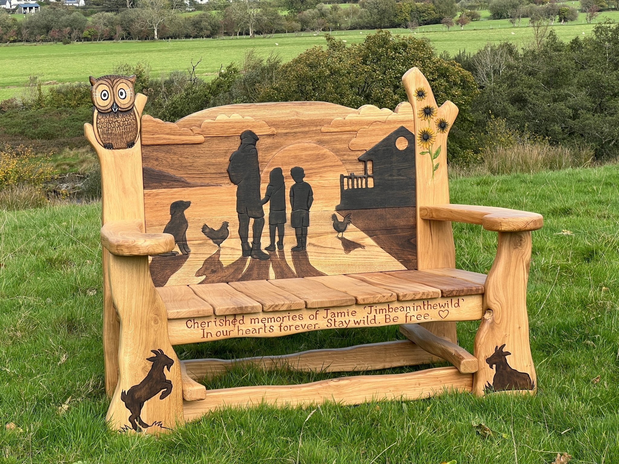 side view of oak memorial bench for sale