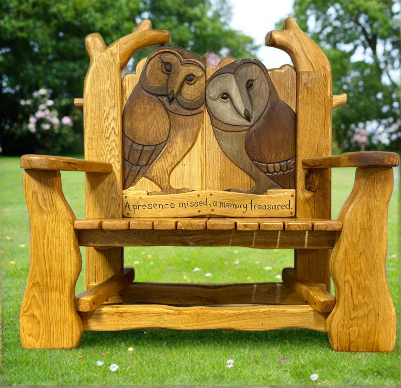 A handcrafted memorial garden bench showcasing diverse designs, including intricate carvings of nature, owls, and custom engravings, perfect for outdoor spaces and remembrance.