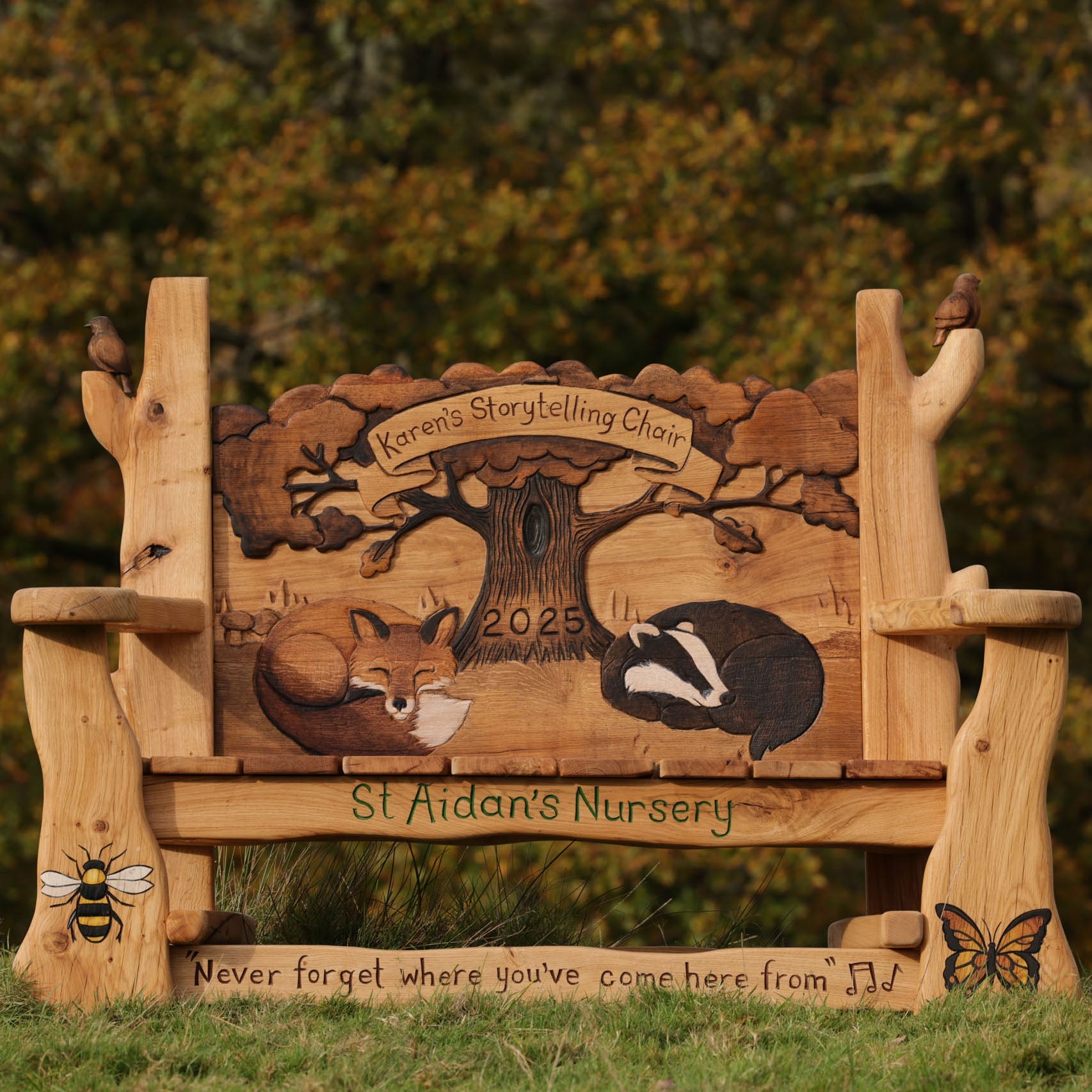 school memorial bench in a field