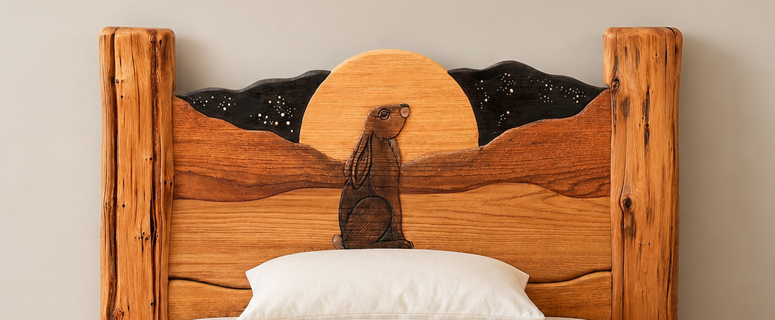 Close-up of a hand-carved hare gazing at the full moon over a starry sky on a solid wood headboard