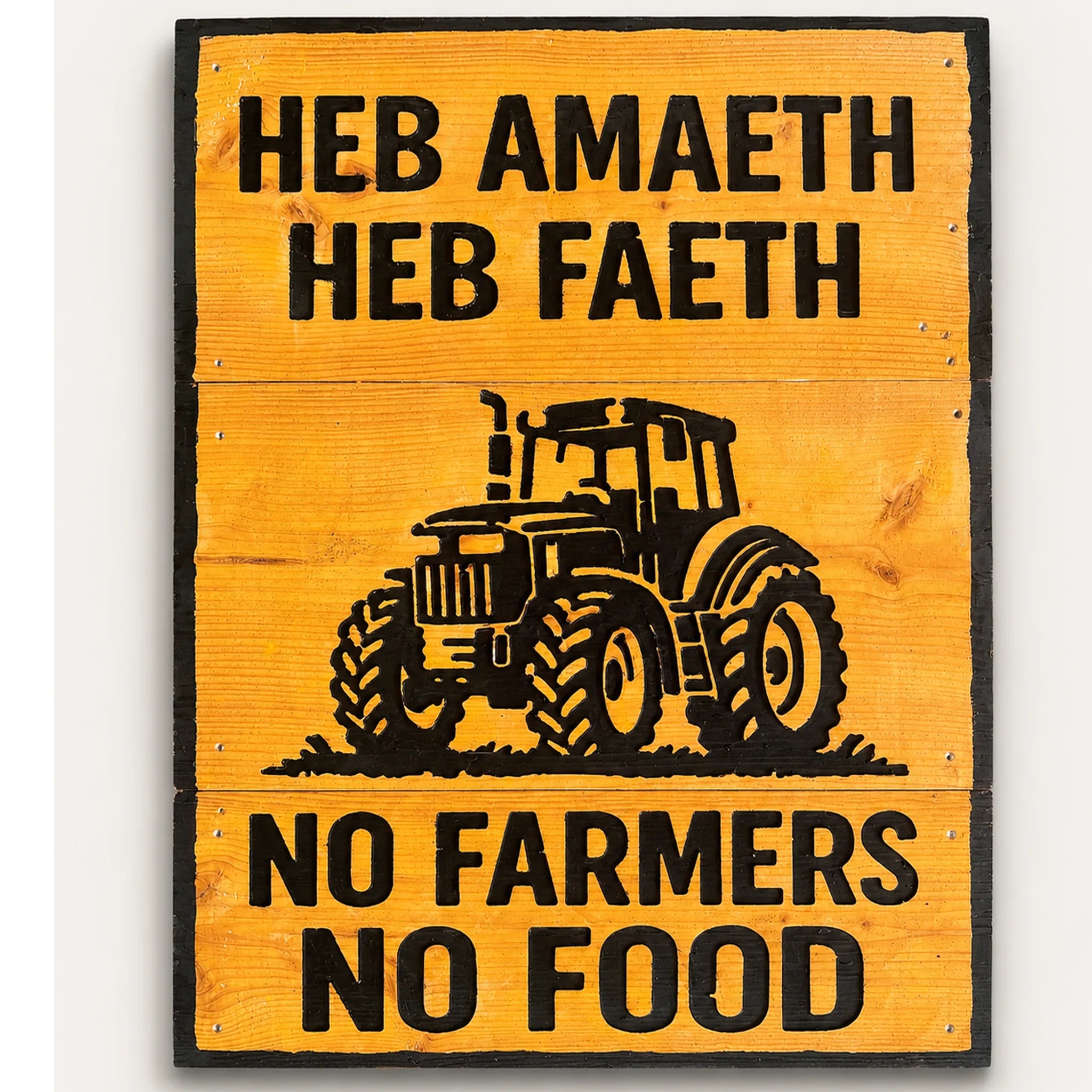 Hand-carved No Farmers No Food sign in Douglas fir, painted yellow and black, bilingual Welsh and English