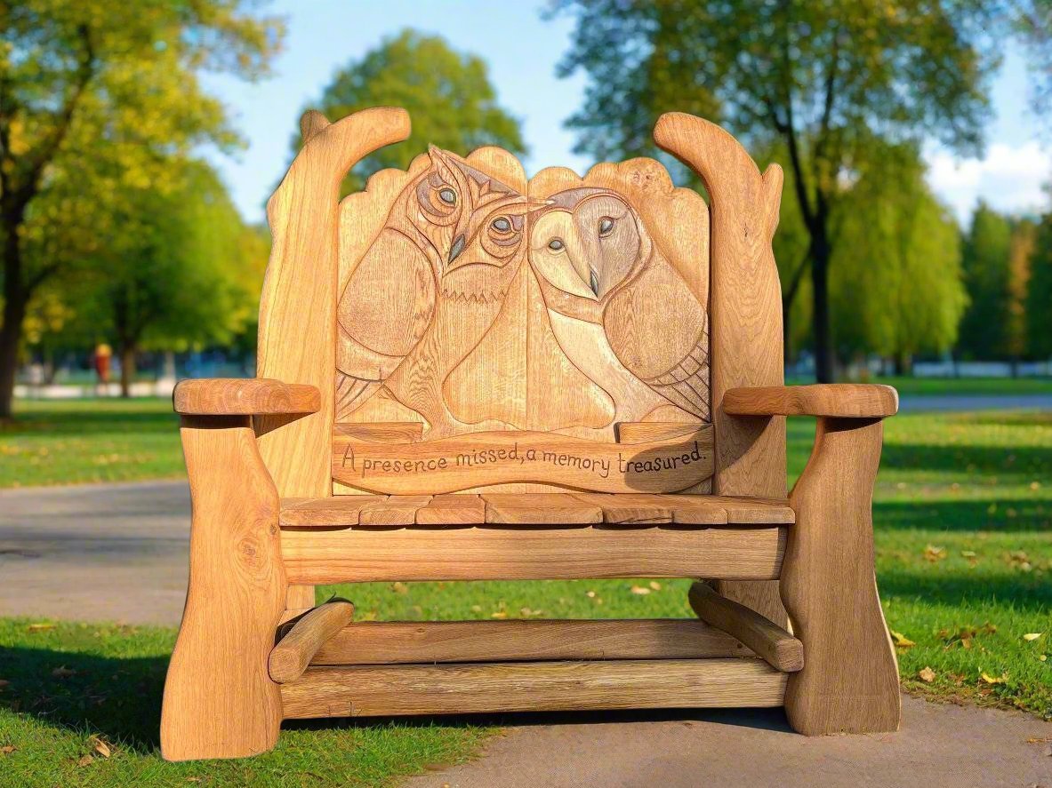 oak owl bench in woodland setting