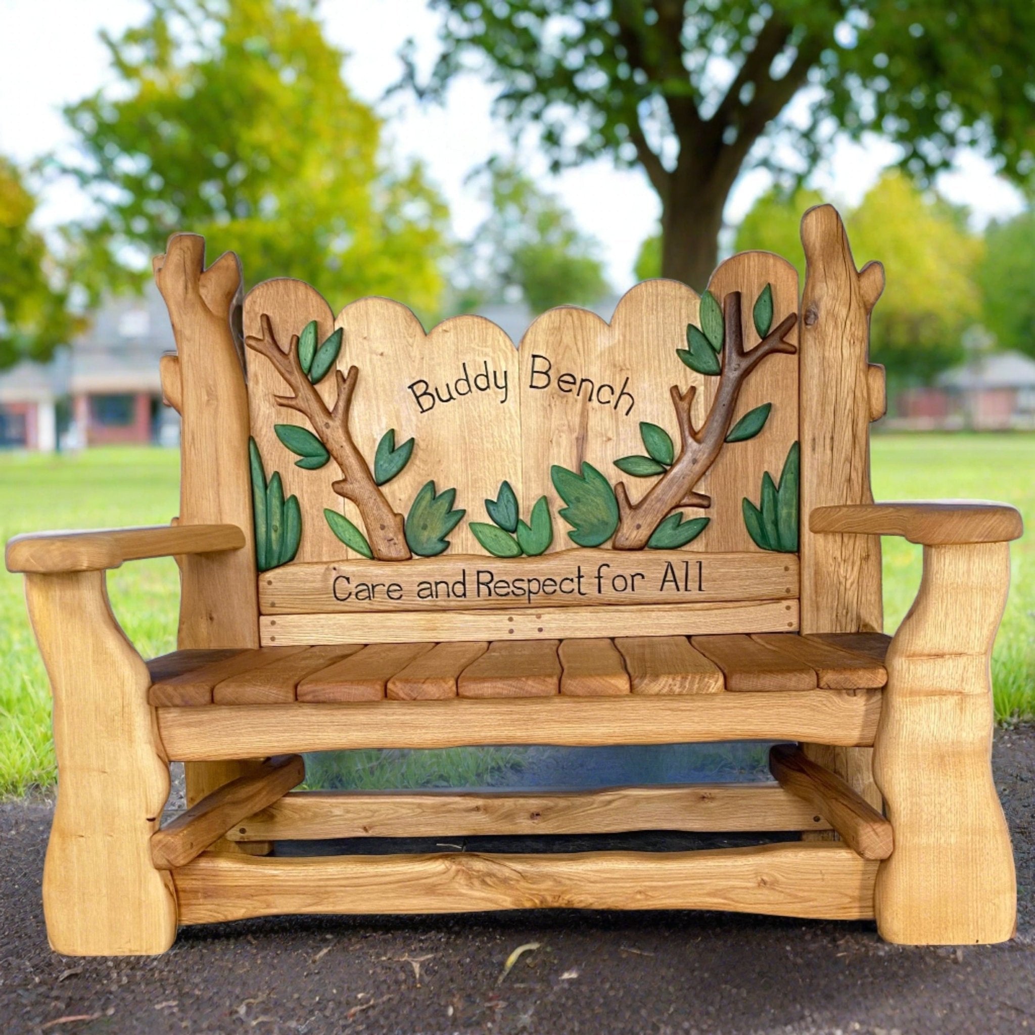 School Playground Buddy Bench crafted from sustainable oak with engraved designs, promoting inclusivity and friendship in schools and community spaces.