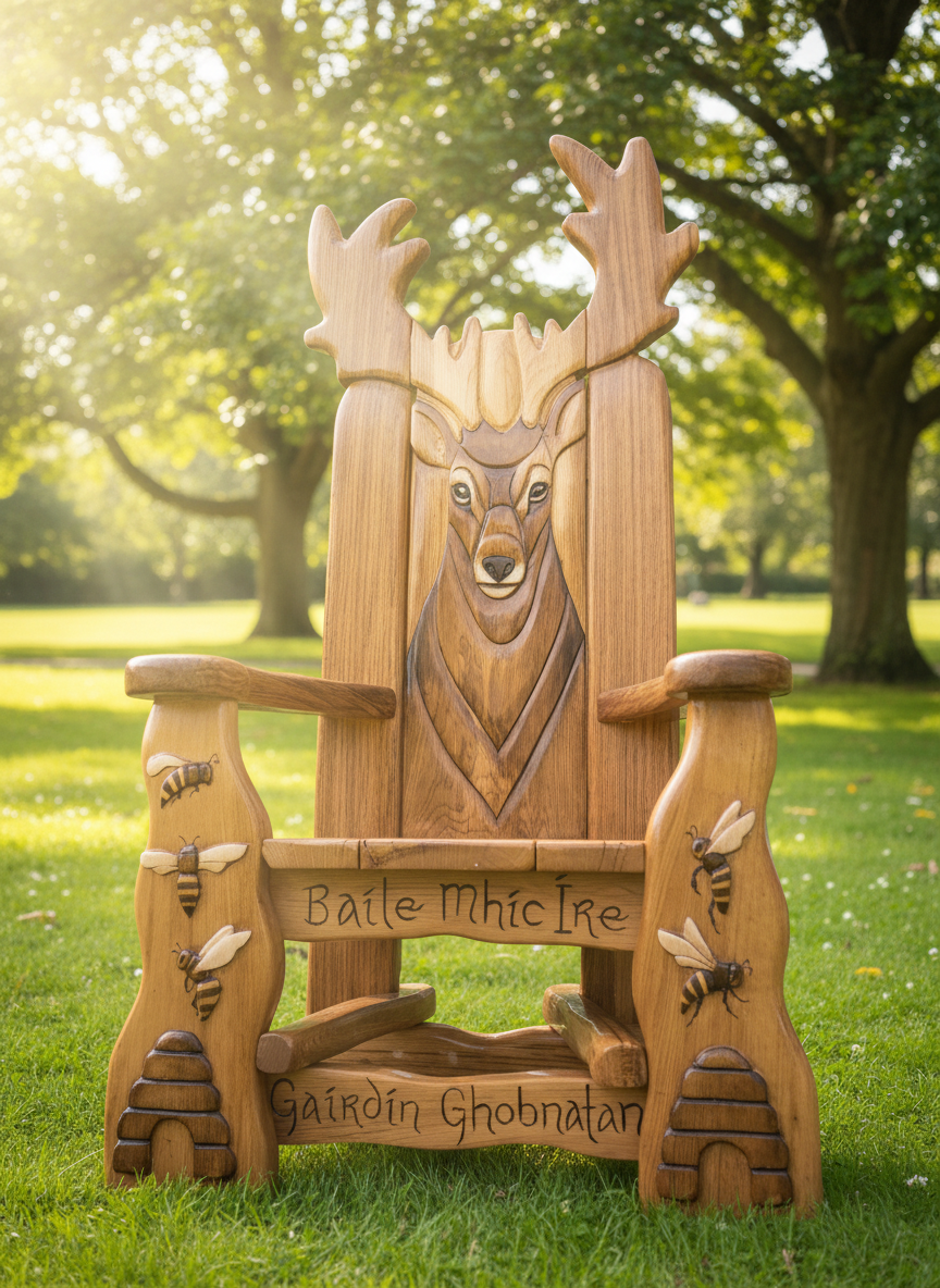 Stag Storytelling Chair with bee carvings