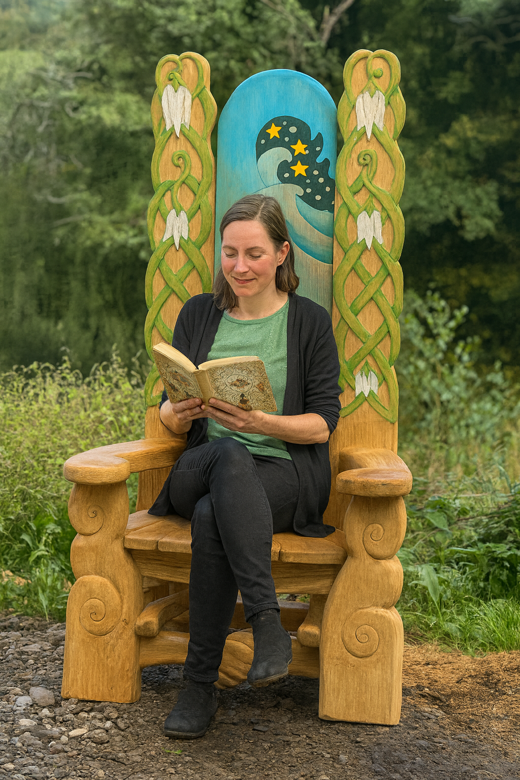 Teacher reading a book on a large, ornate wooden storytelling chair in a natural setting