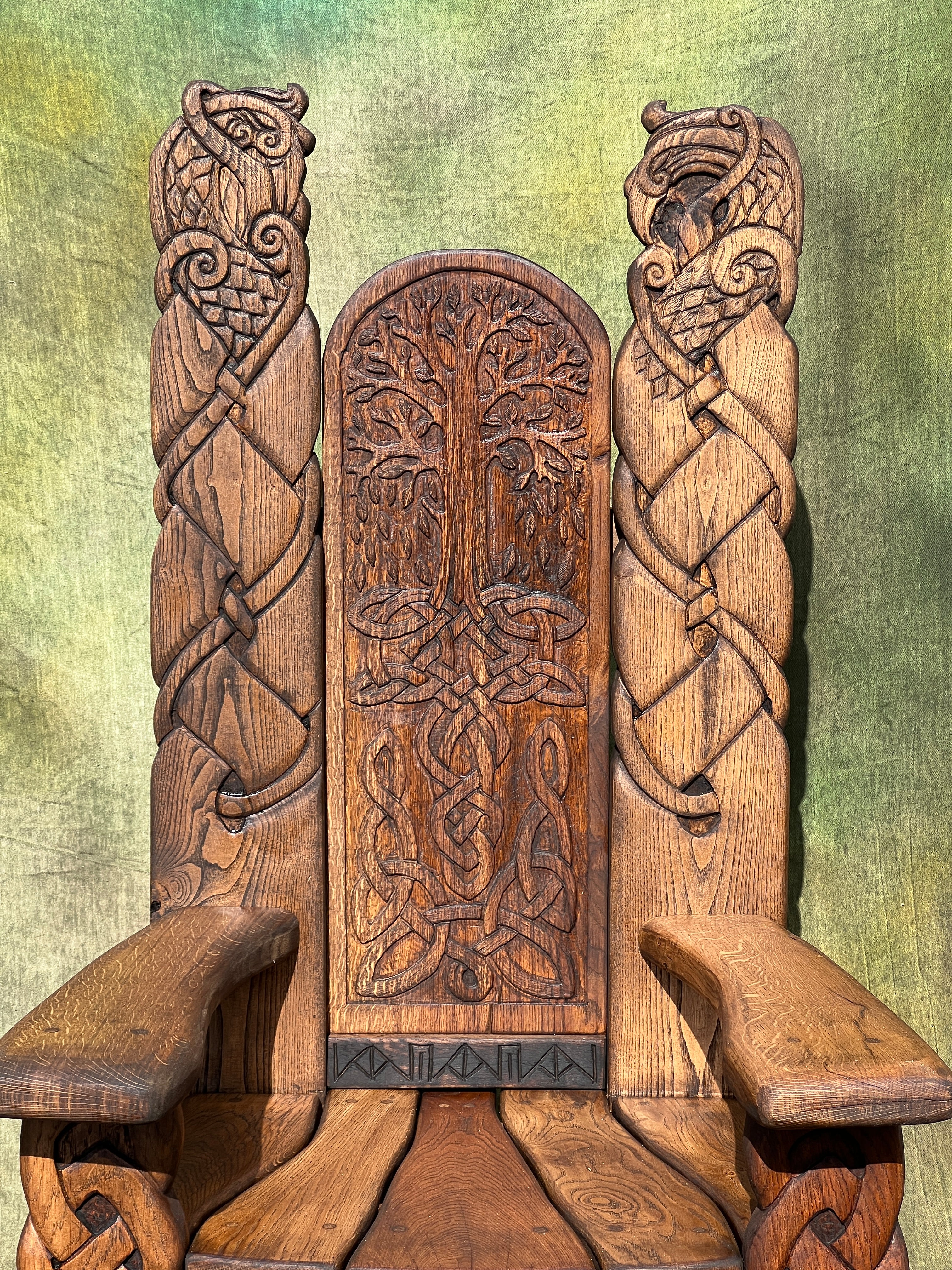 carved oak viking chair backrest with tree of life carving