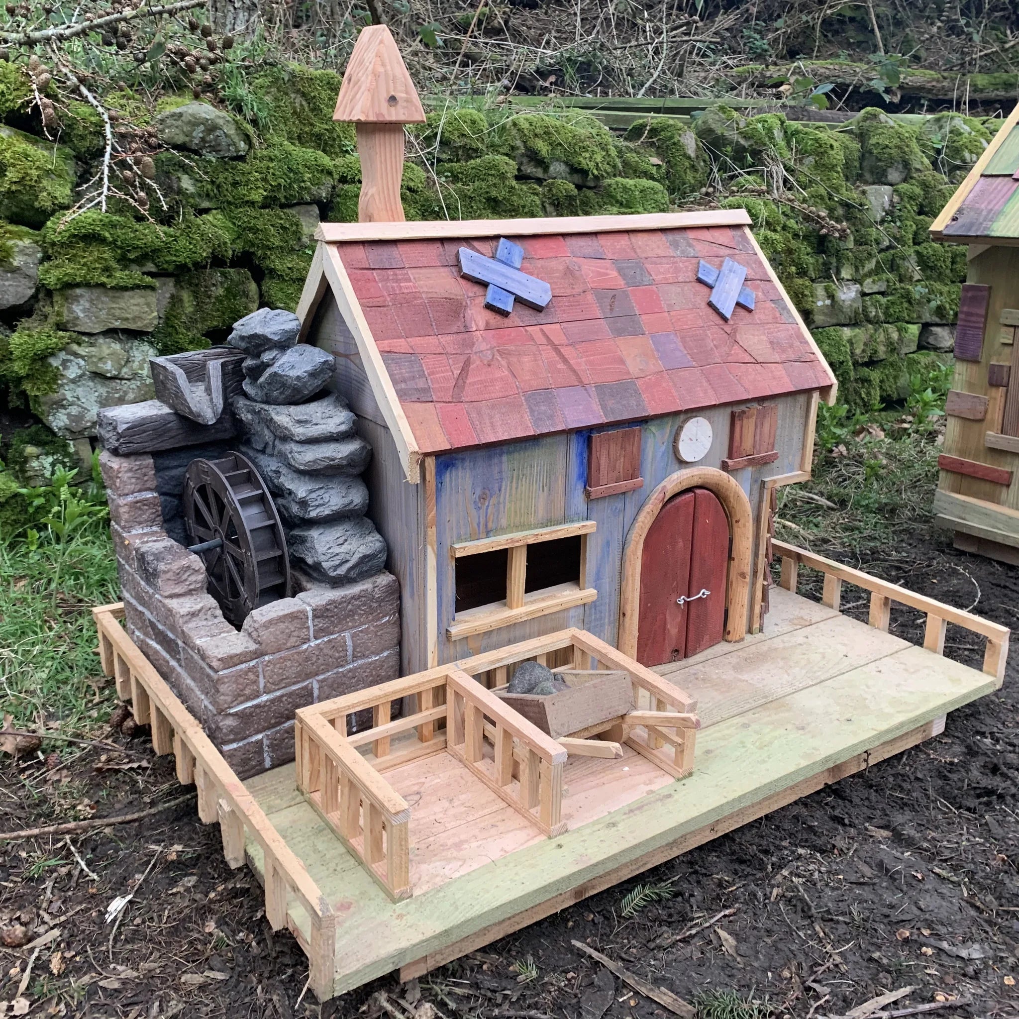 Handmade wooden waterwheel fairy mill with hand-crafted waterwheel, painted millhouse and solid timber walls