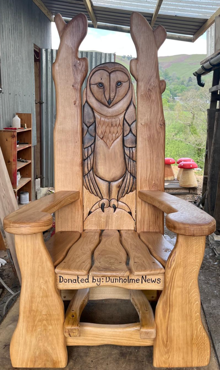 Dunholme owl storytelling chair with carved Donated by Dunholme News dedication – handmade in Mid Wales