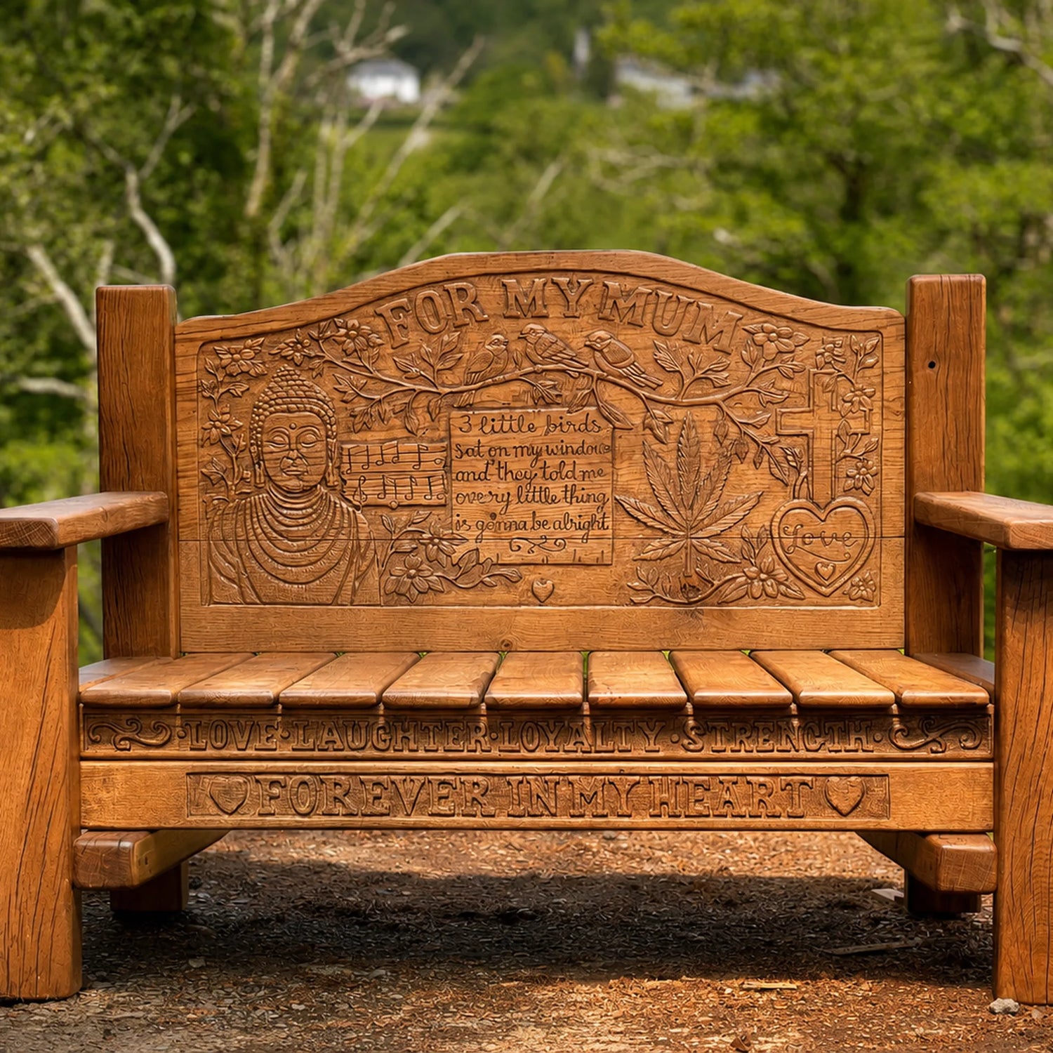 Hand-carved solid oak For My Mum memorial bench with a Buddha, birds and Love Laughter Loyalty Strength
