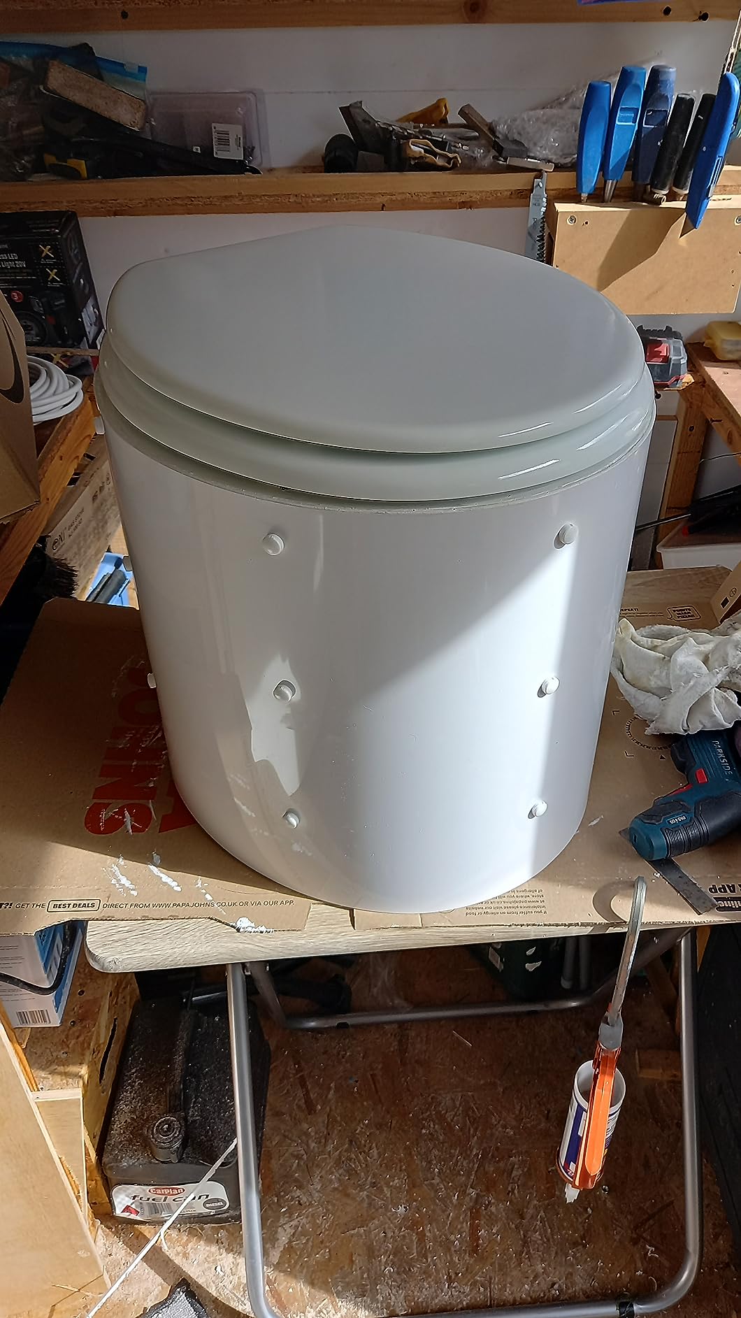 Finished DIY campervan composting toilet built with a Complete urine separator
