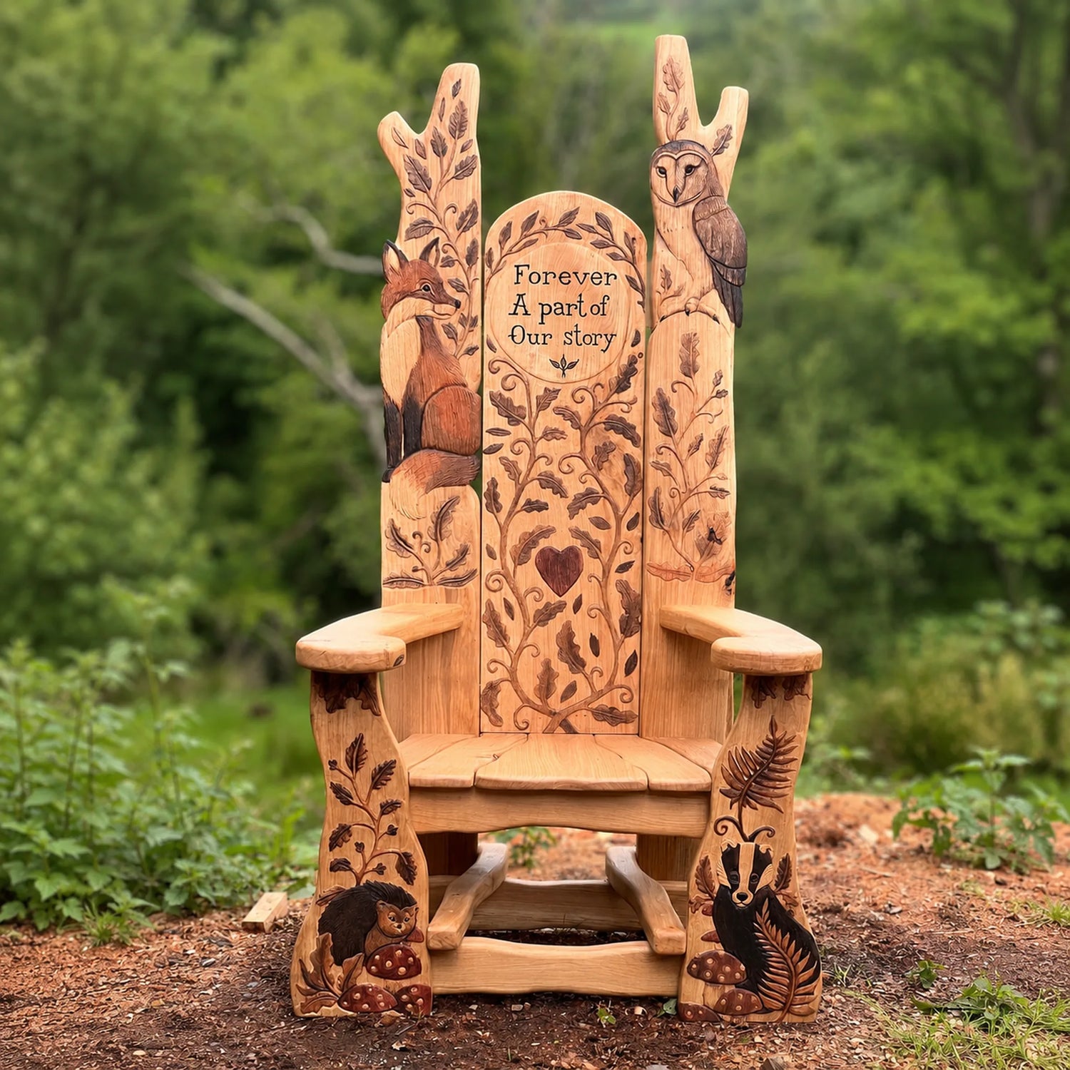 Hand-carved oak woodland storytelling throne chair for schools with carved fox, barn owl, badger and hedgehog