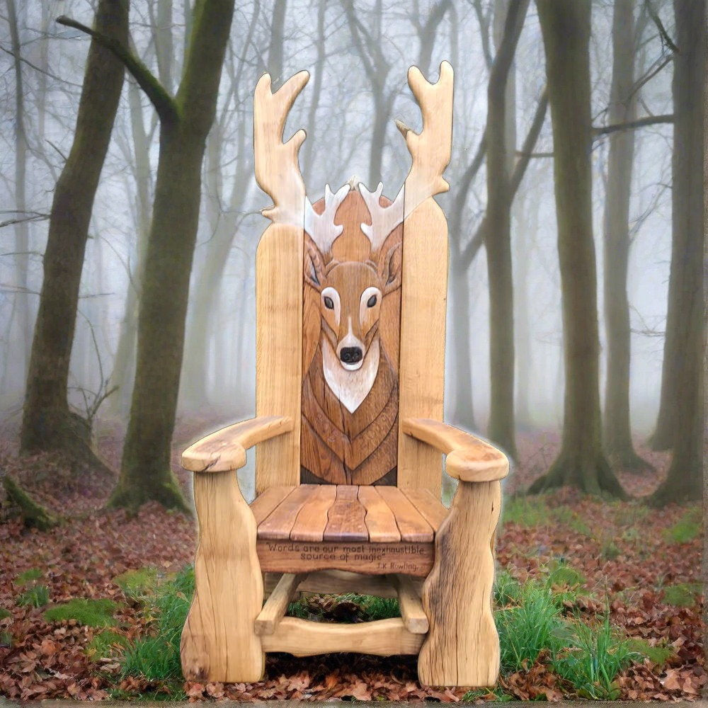 Intricately carved wooden chair featuring a majestic deer design, part of the animal-inspired furniture collection, blending natural artistry with functional seating