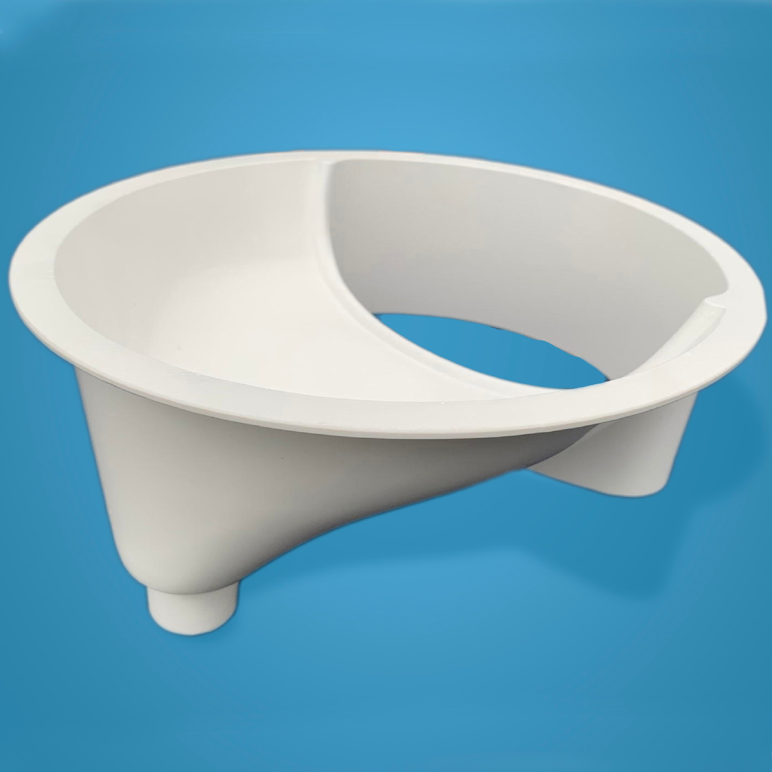 Close-up image of a white urine separator designed for DIY compost toilet systems, showcasing its modern, efficient design on a blue background