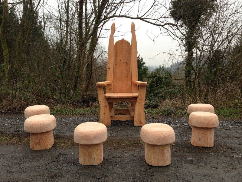 Handmade oak mushroom stools for storytelling area — bespoke school garden furniture, Wales