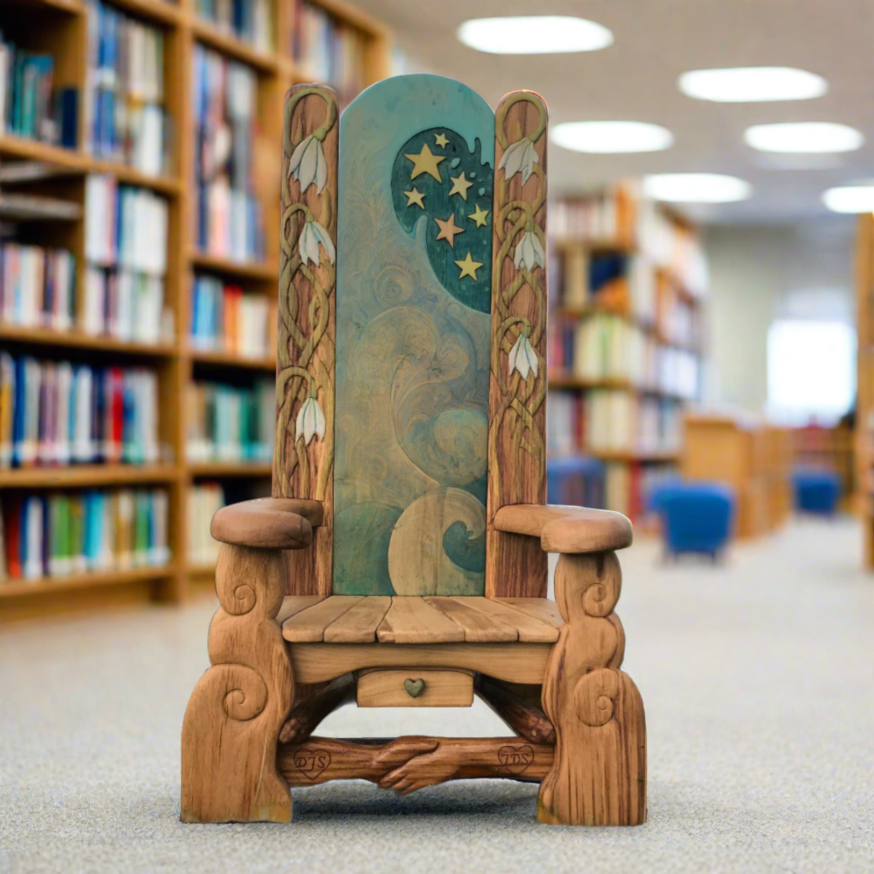 Storyteller's chair in library setting