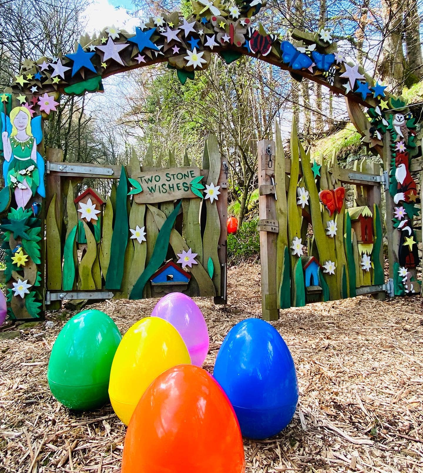 Colorful eggs in front of Studfold Fairy Trail gate