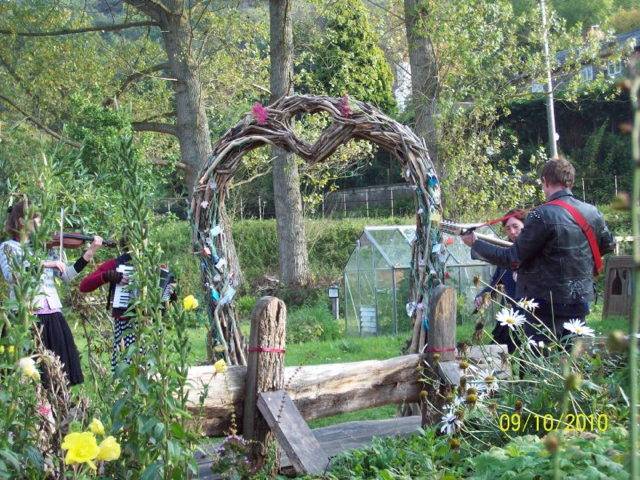 Musiciens près de driftwood wedding arch outdoors