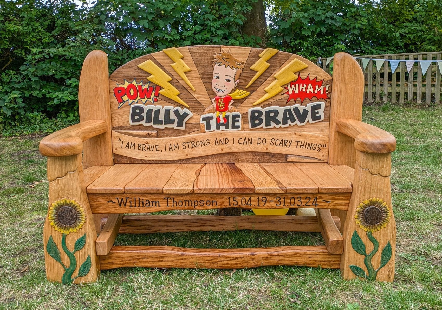 Wooden memorial bench made from wood that was made for billy who passed tragically 