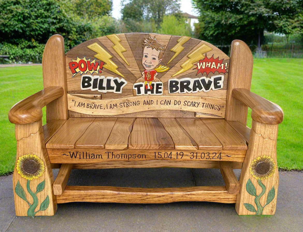 Wooden memorial bench with 'Billy the Brave' engraving