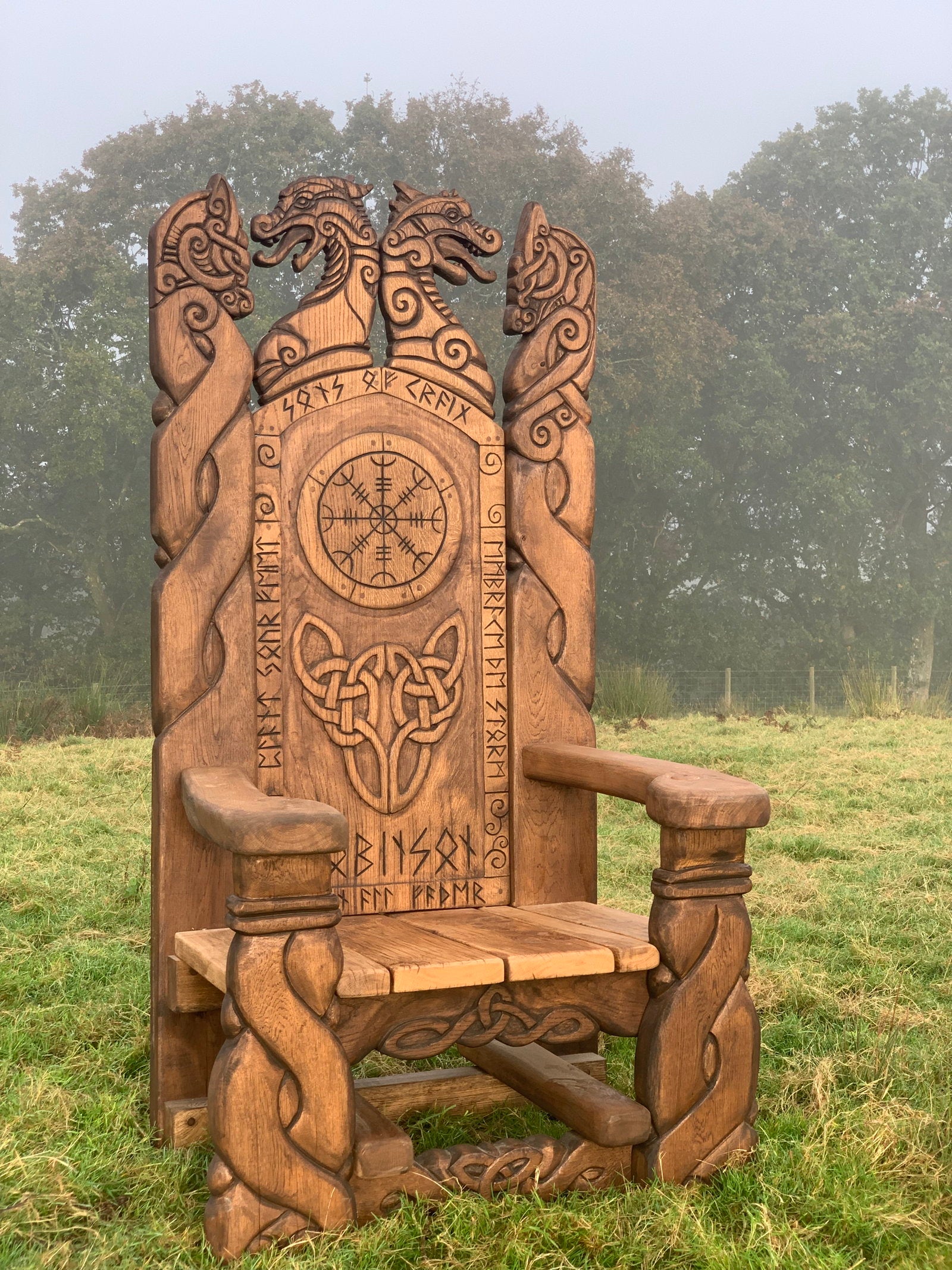 Viking Throne Chair in foggy outdoor setting