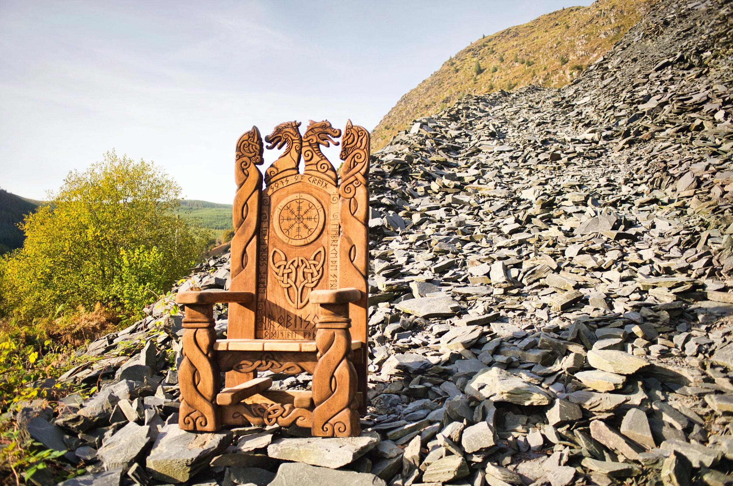 handcarved wooden celtic throne