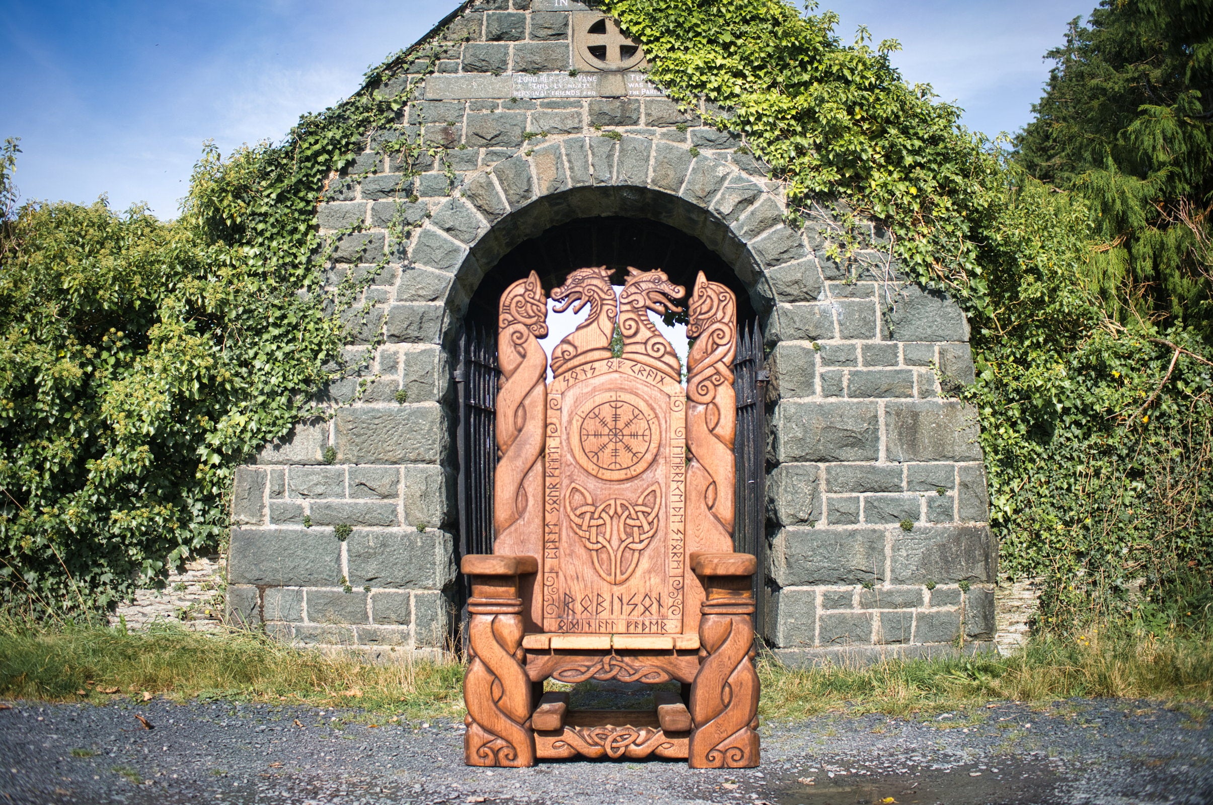 handcarved wooden celtic viking chair