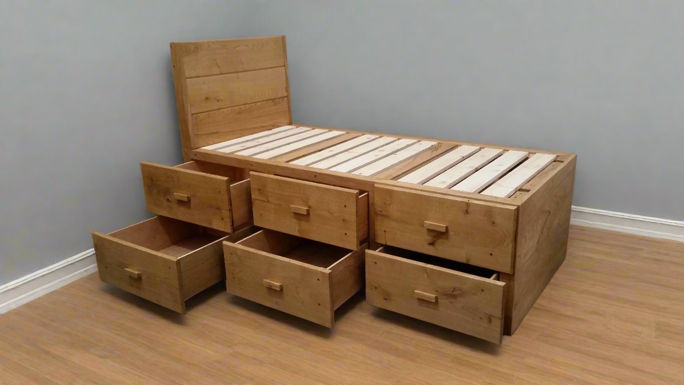 Cabin storage bed with 6 drawers made from oak