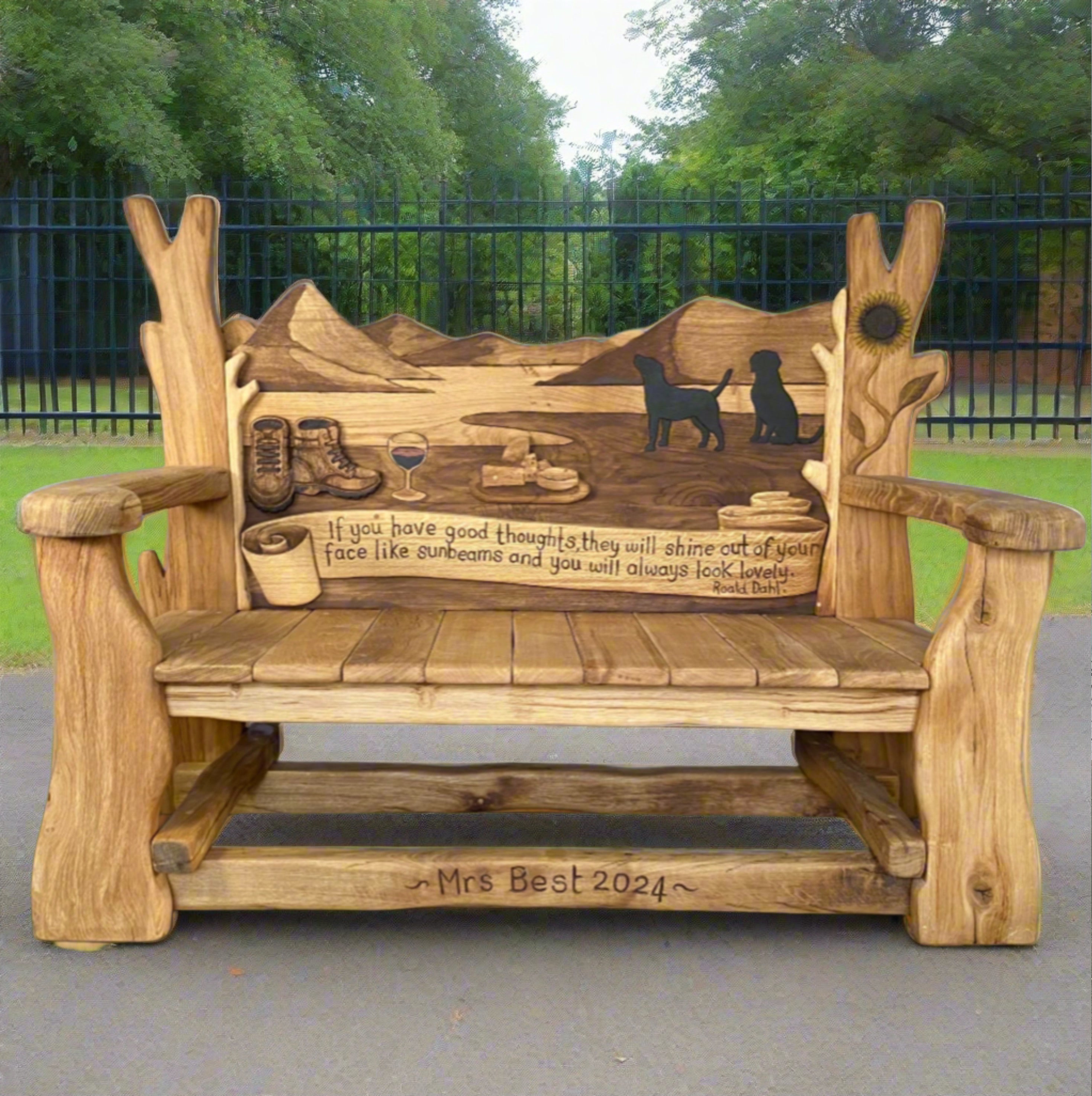 Carved dedication bench