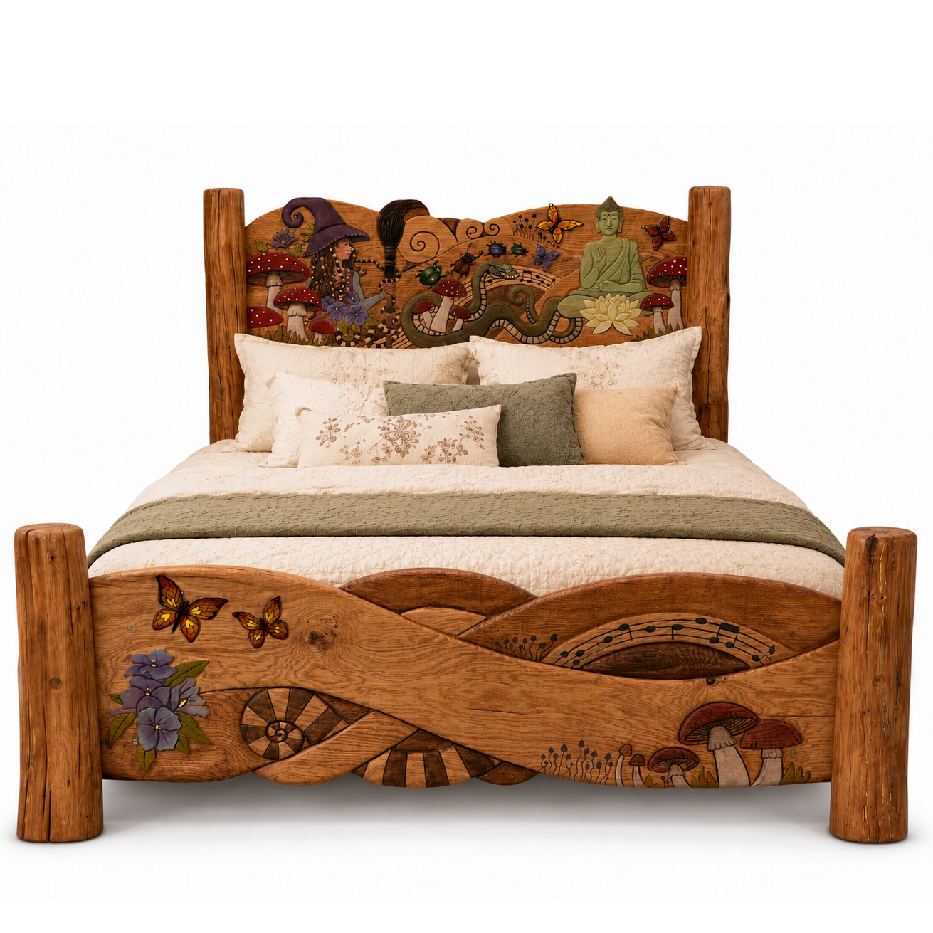 Bespoke hand-carved solid oak fantasy king bed — commission showcase showing full headboard and footboard design