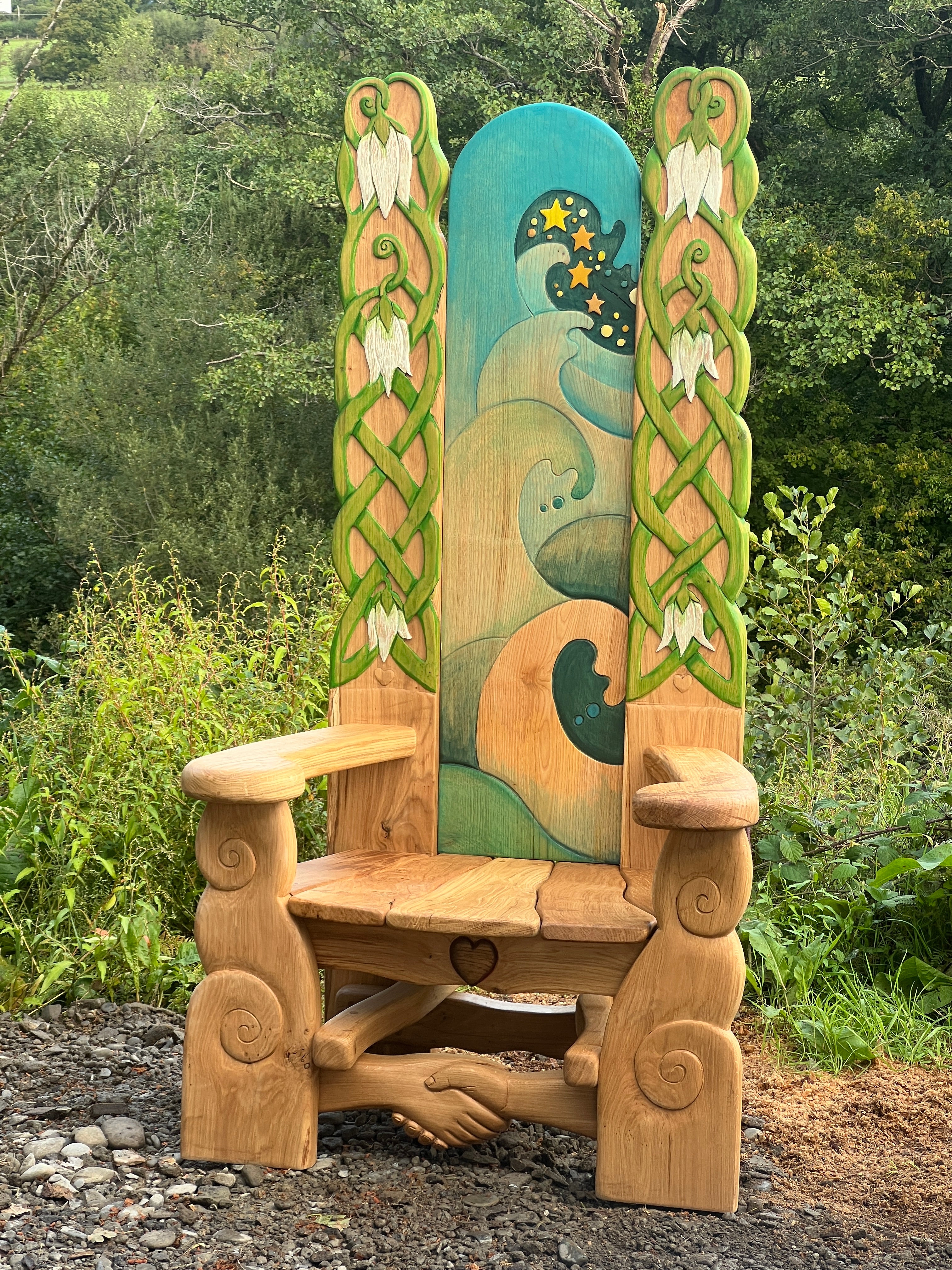 Magical Snowdrop Story Time Chair handcrafted from oak with Celtic carvings and painted back panel