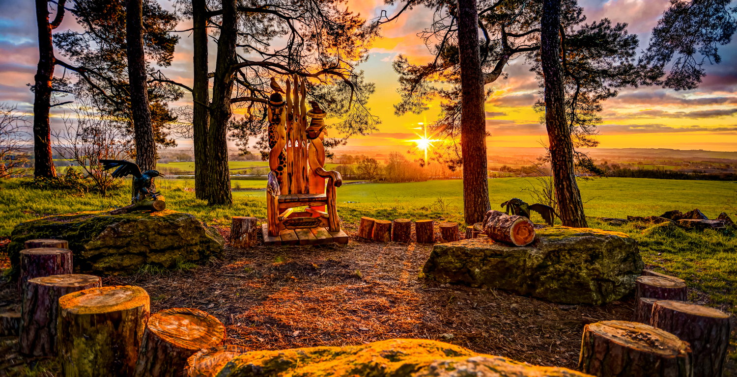 Handcrafted giant storytelling throne chair set against a scenic sunset view in a natural outdoor setting.