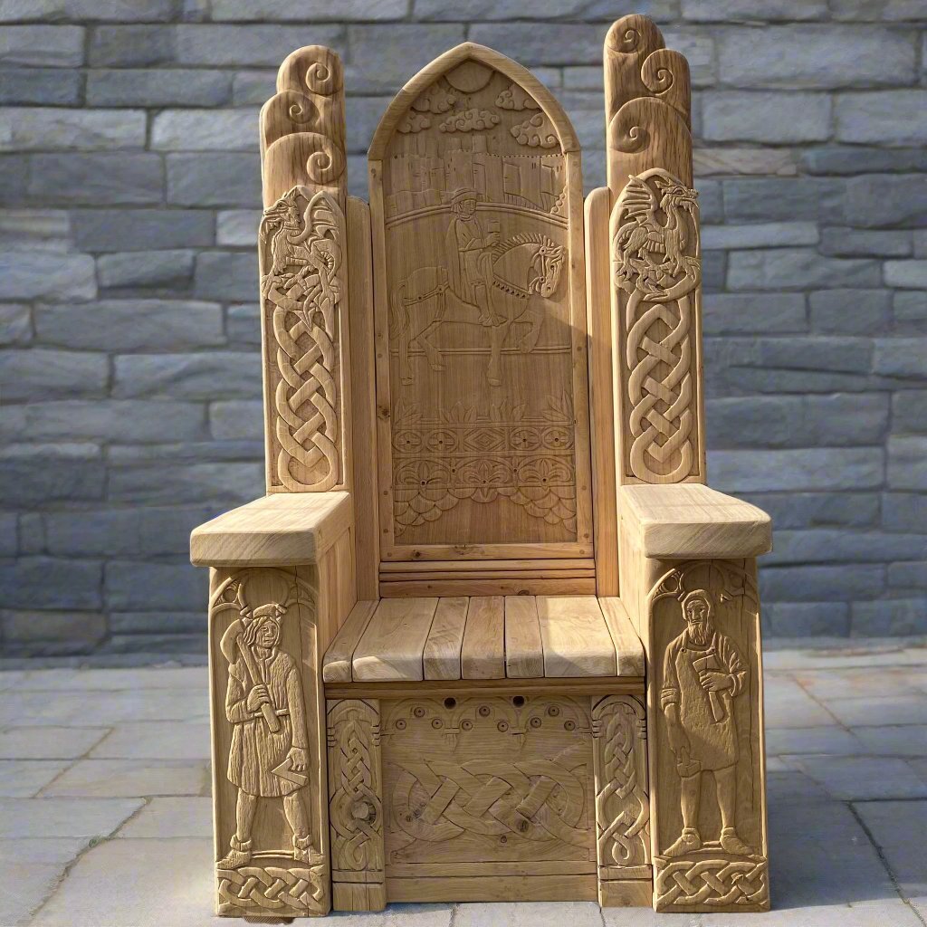 Hand-carved oak throne featuring intricate Celtic designs and historical figures, crafted for display at Conwy Castle in North Wales.