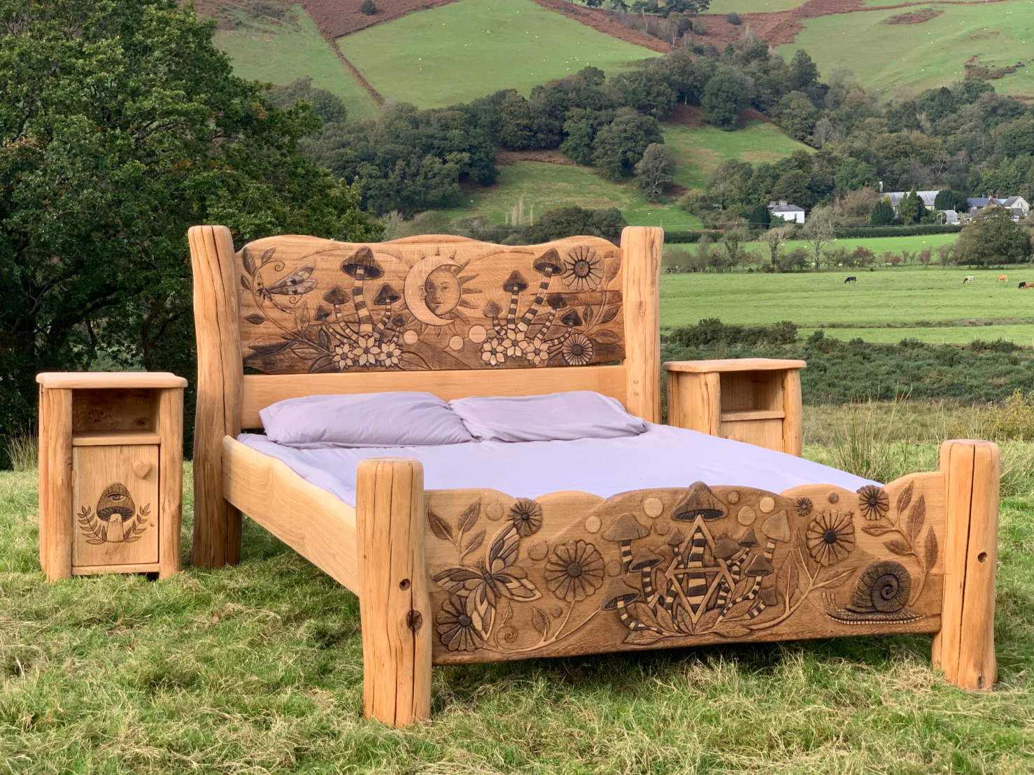 A stunning handcrafted rustic wooden bed featuring intricate carvings in solid oak, showcasing artisanal craftsmanship. Perfect for creating a cozy and timeless bedroom with a rustic charm.