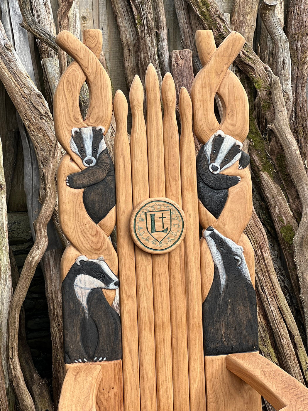 Top view of Badger Storytelling Chair with carvings