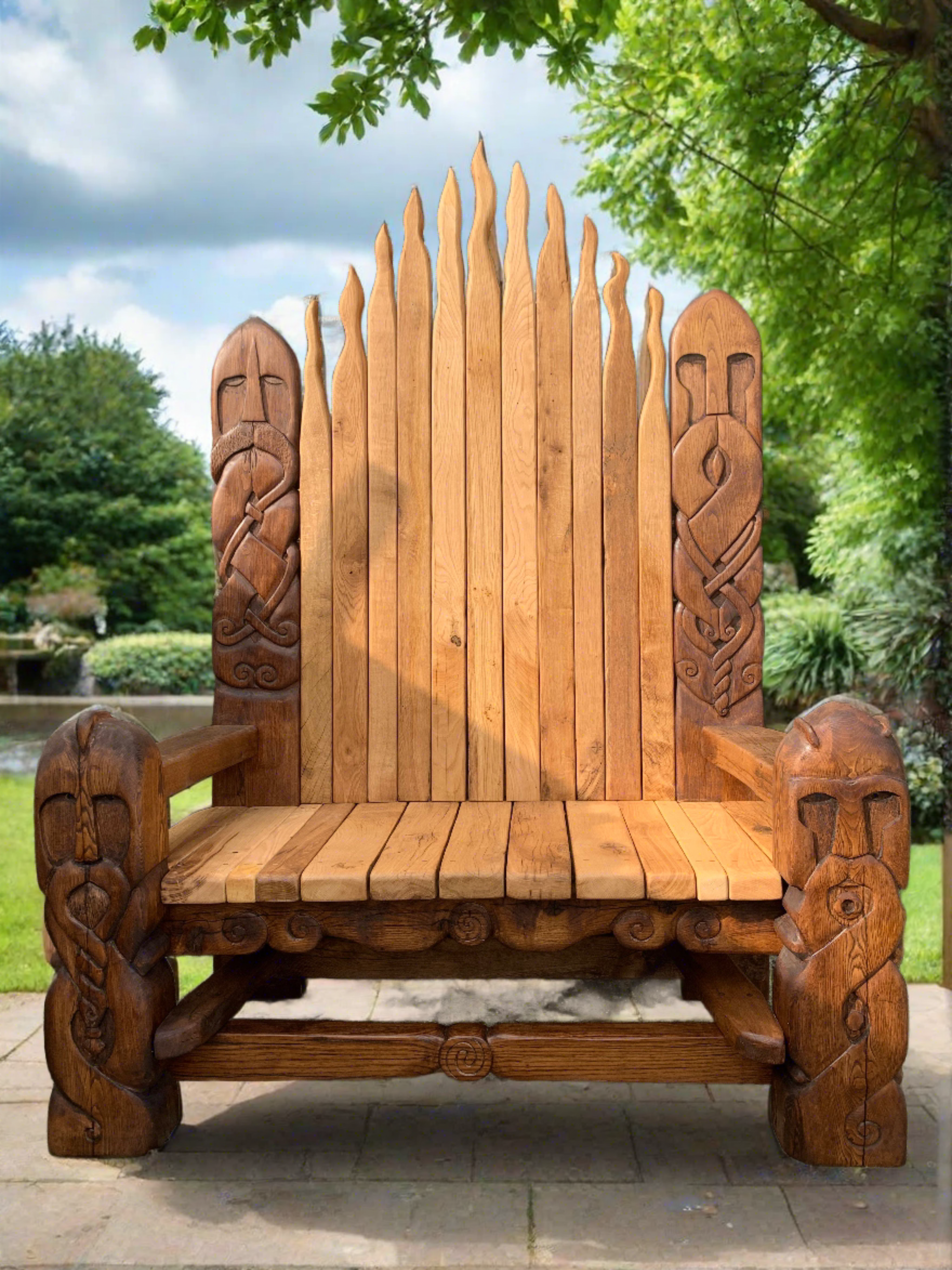 Viking wooden throne with intricate carvings