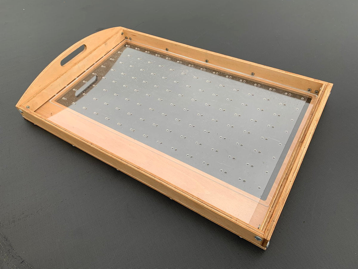 Angled view of seed sowing tray on dark background