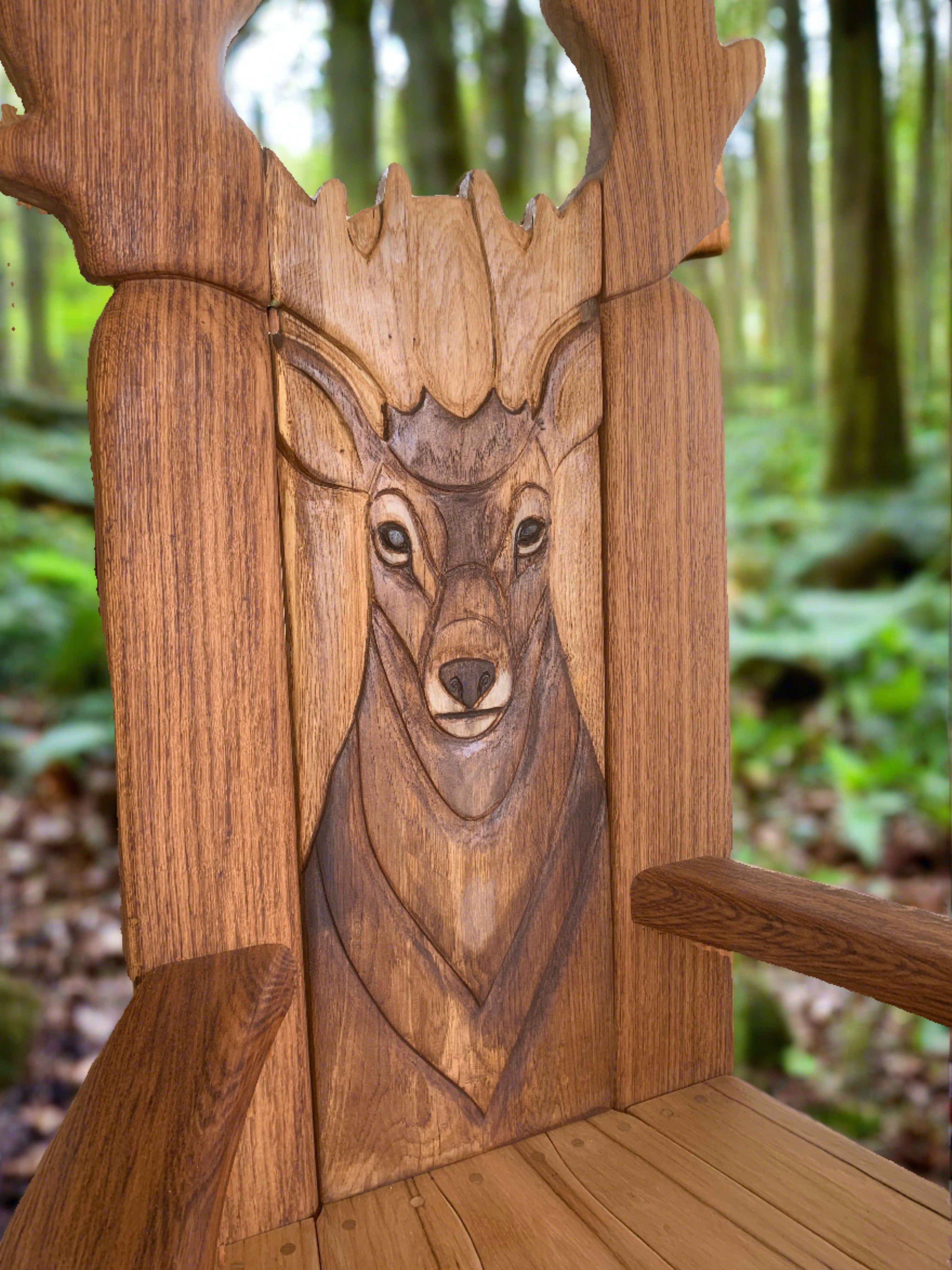 Close-up of deer carving on wooden chair in forest.