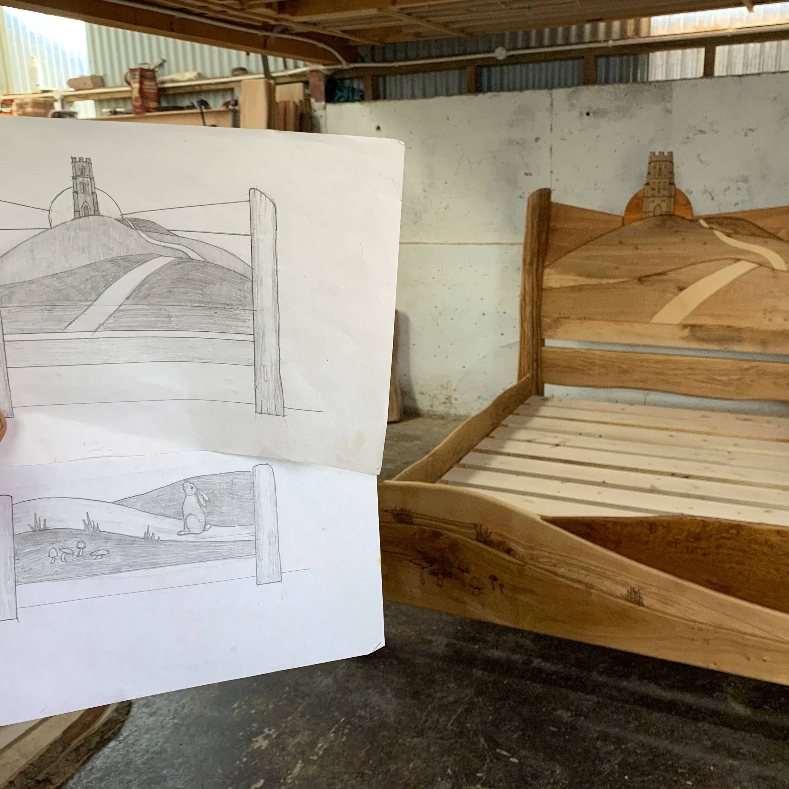 Custom wooden bed with landscape design sketch