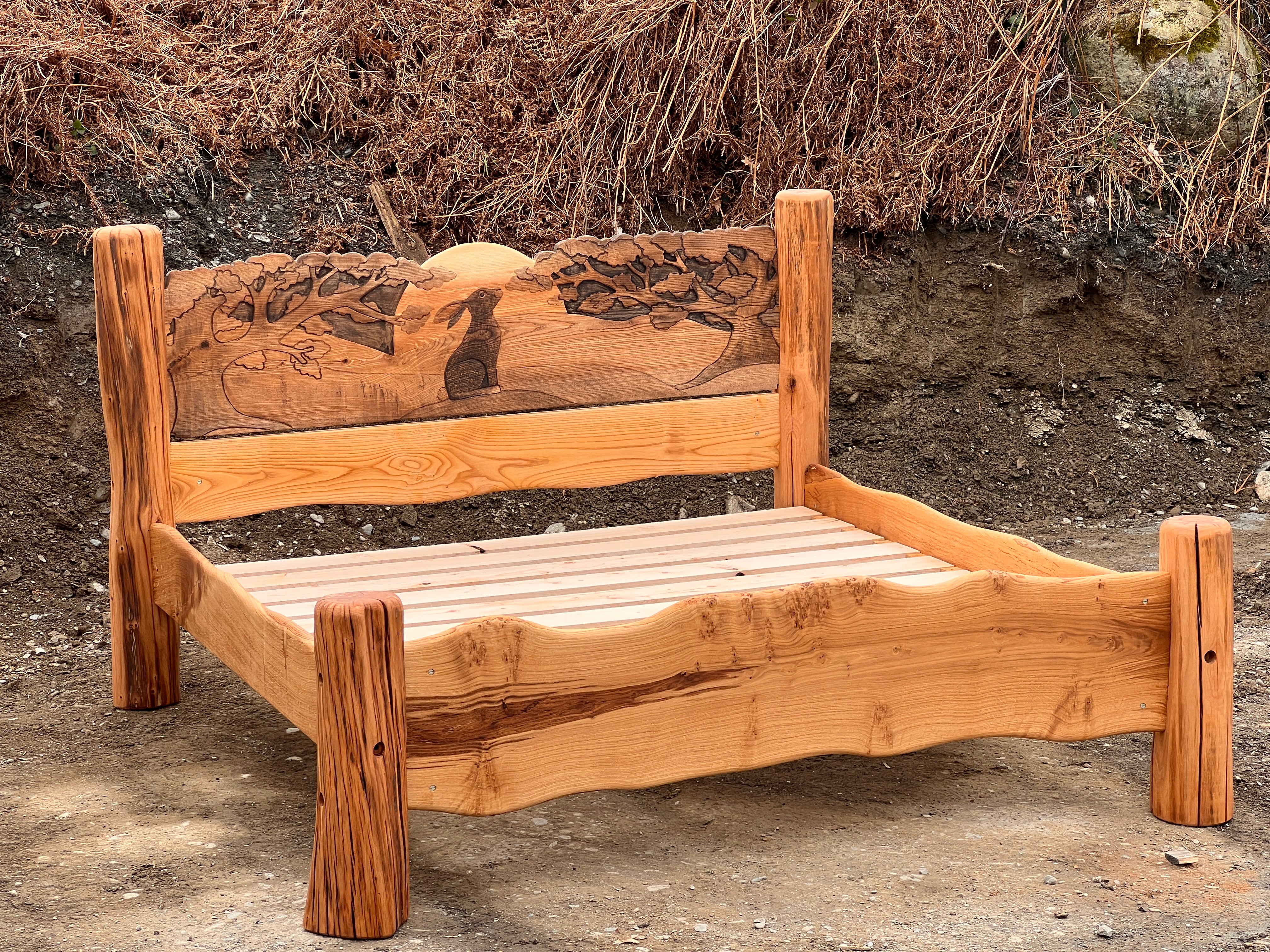 Rustic Oak bed with rabbit headboard