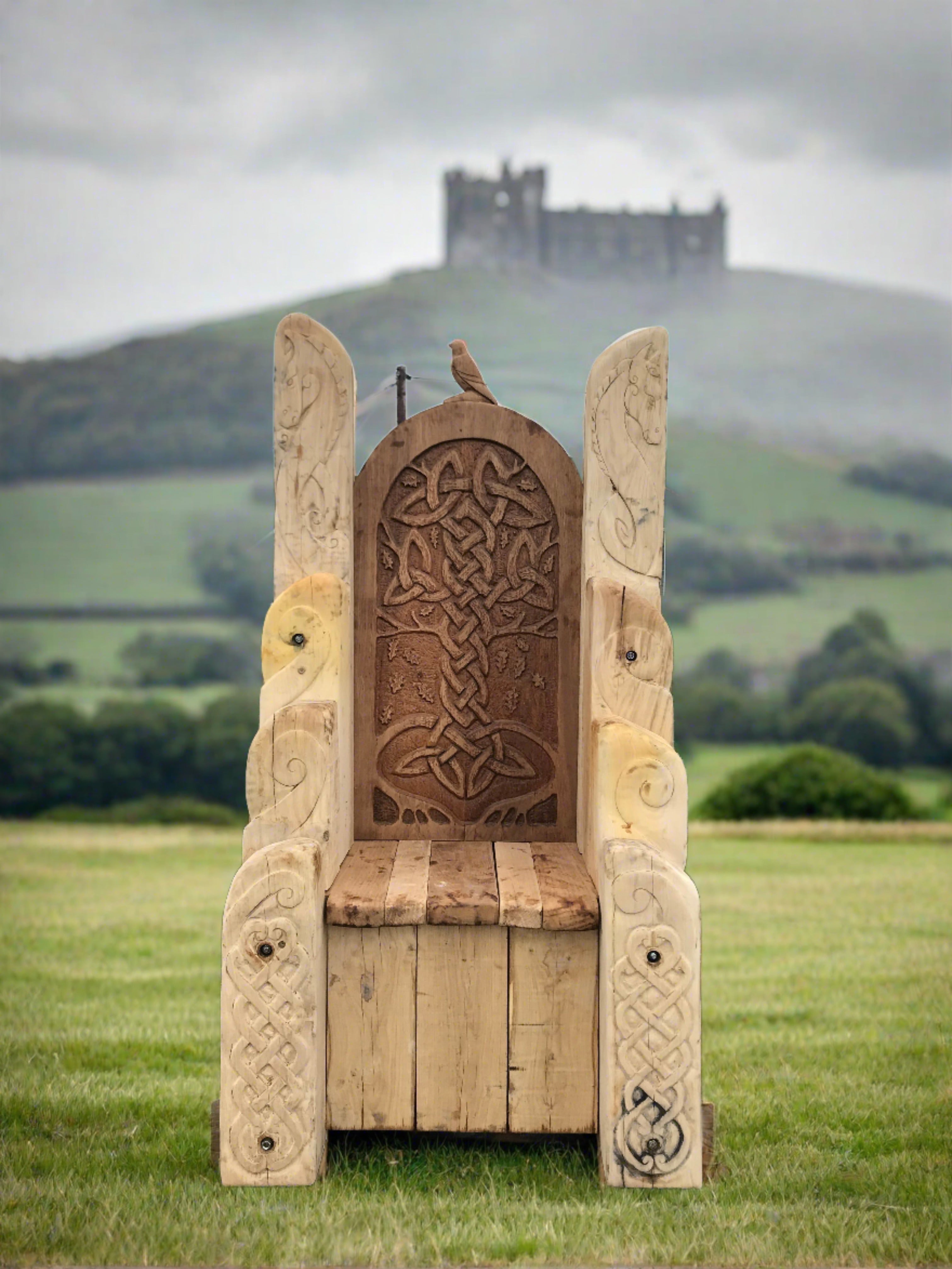 Wooden chair with Celtic carvings and bird